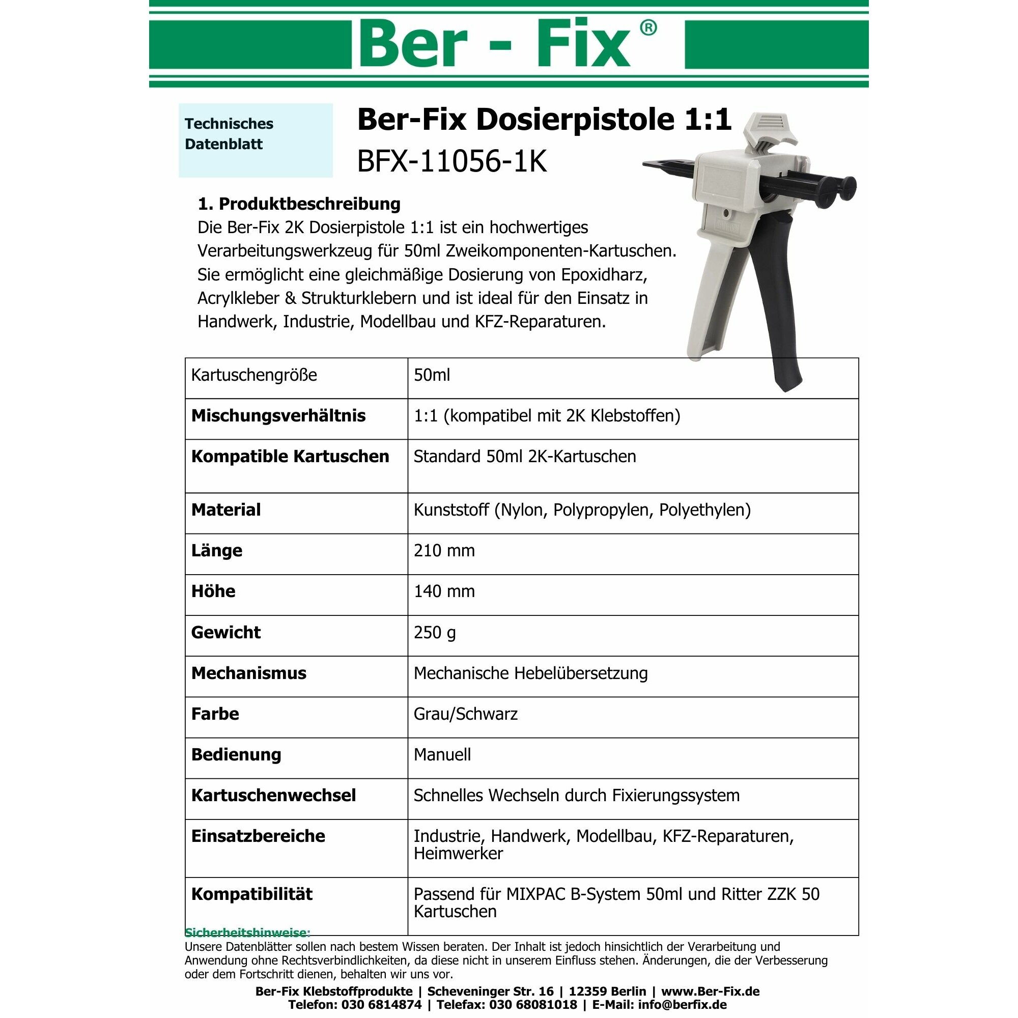 Ber-Fix® Kunststoff-Dosierpistole 1:1 Starter-Set für 50-ml-2K-Kartuschen