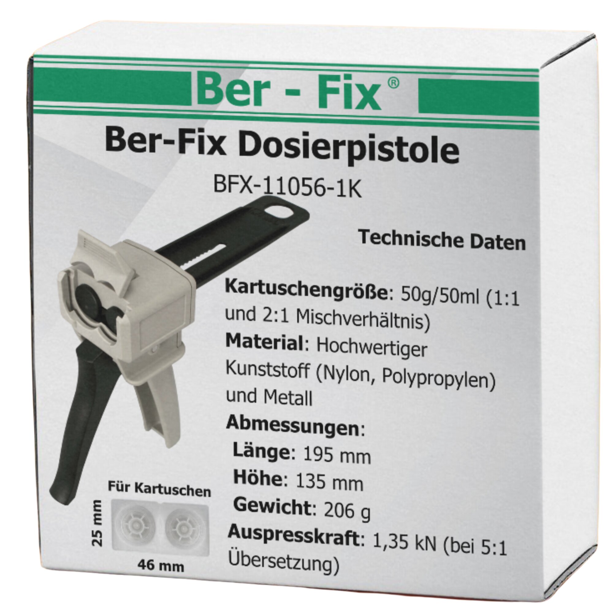Ber-Fix® Kunststoff-Dosierpistole 1:1 Starter-Set für 50-ml-2K-Kartuschen