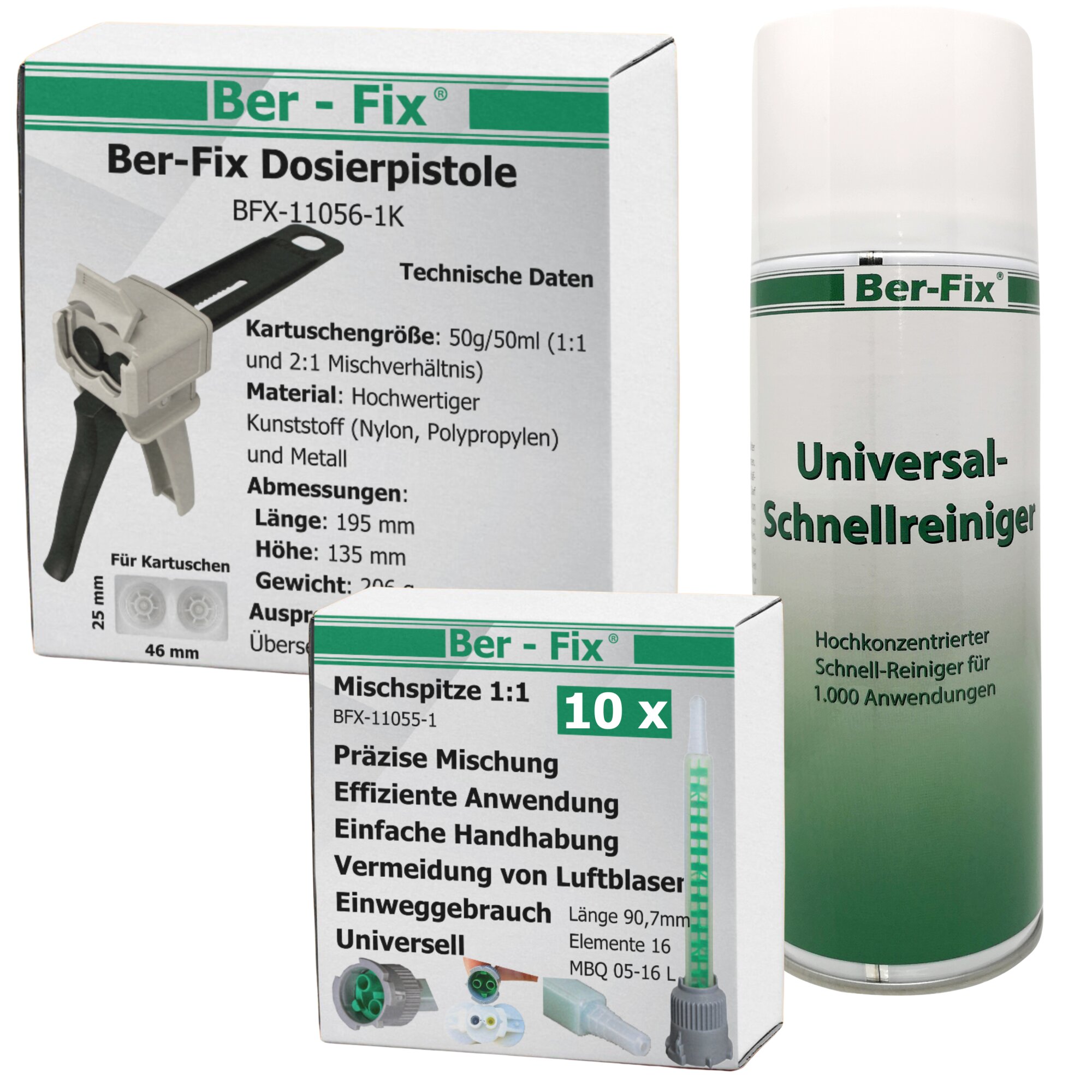 Ber-Fix® Pistole 1:1 Kunststoff + 10 Extra Düsen + 400ml Universalschnellreiniger