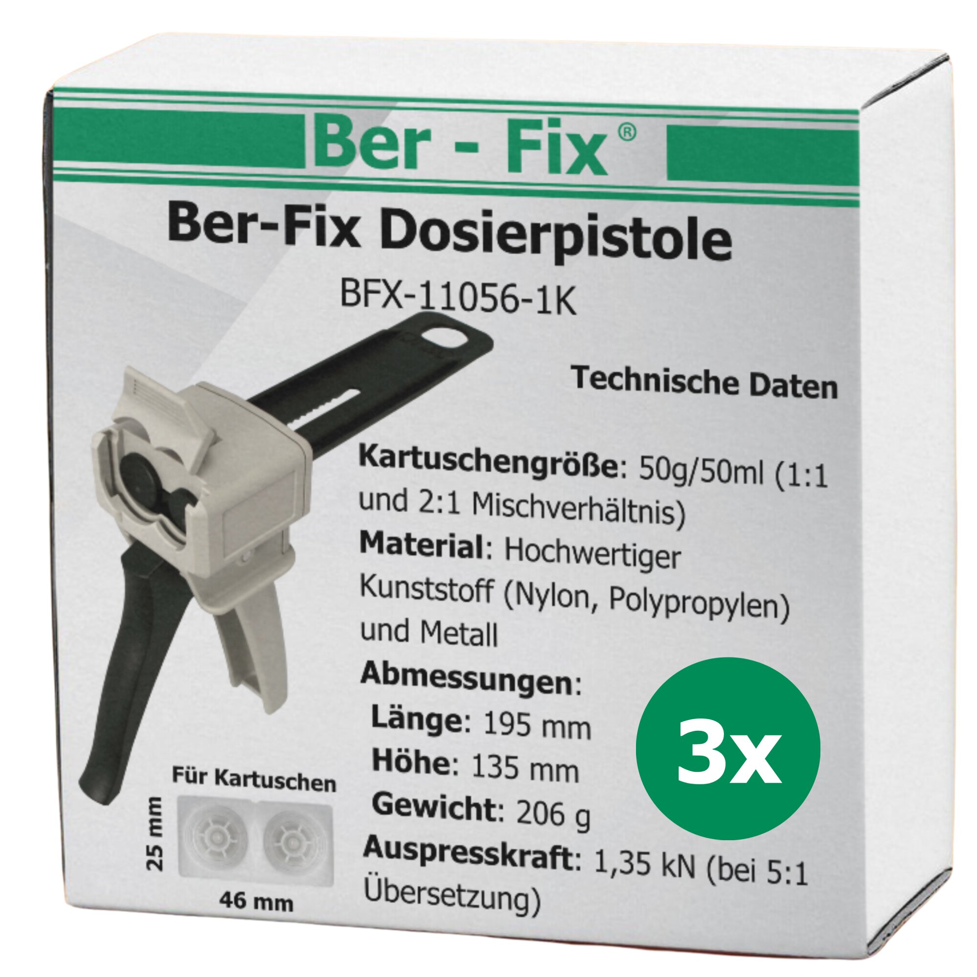 3x Ber-Fix® Pistole 1:1 Kunststoff Basis Paket grau