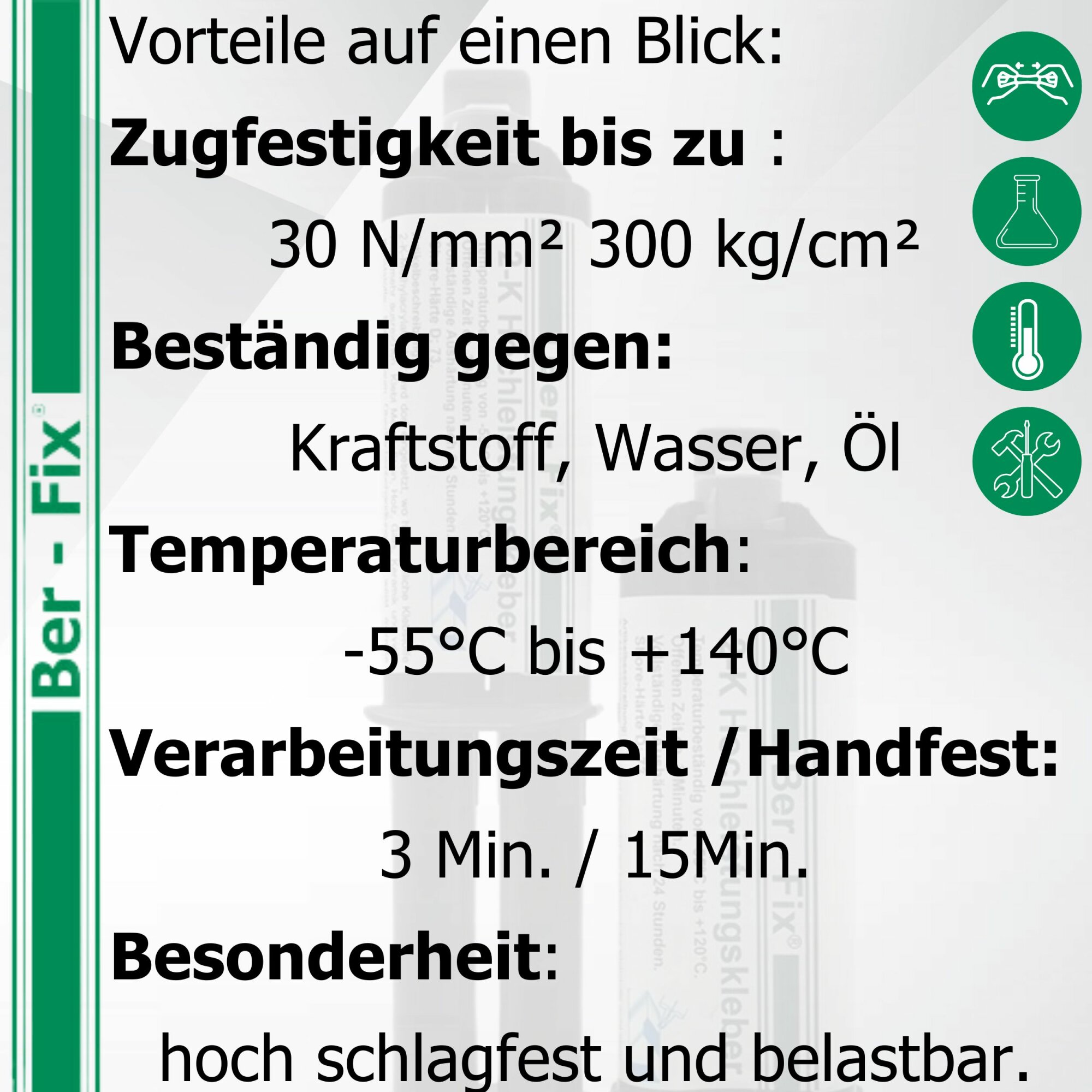 Ber-Fix® 2K-MMA-Hochleistungskleber 3 Min. für schnelle Kunststoff- & Metallreparaturen – 25 g + 5 Extra-Mischdüsen