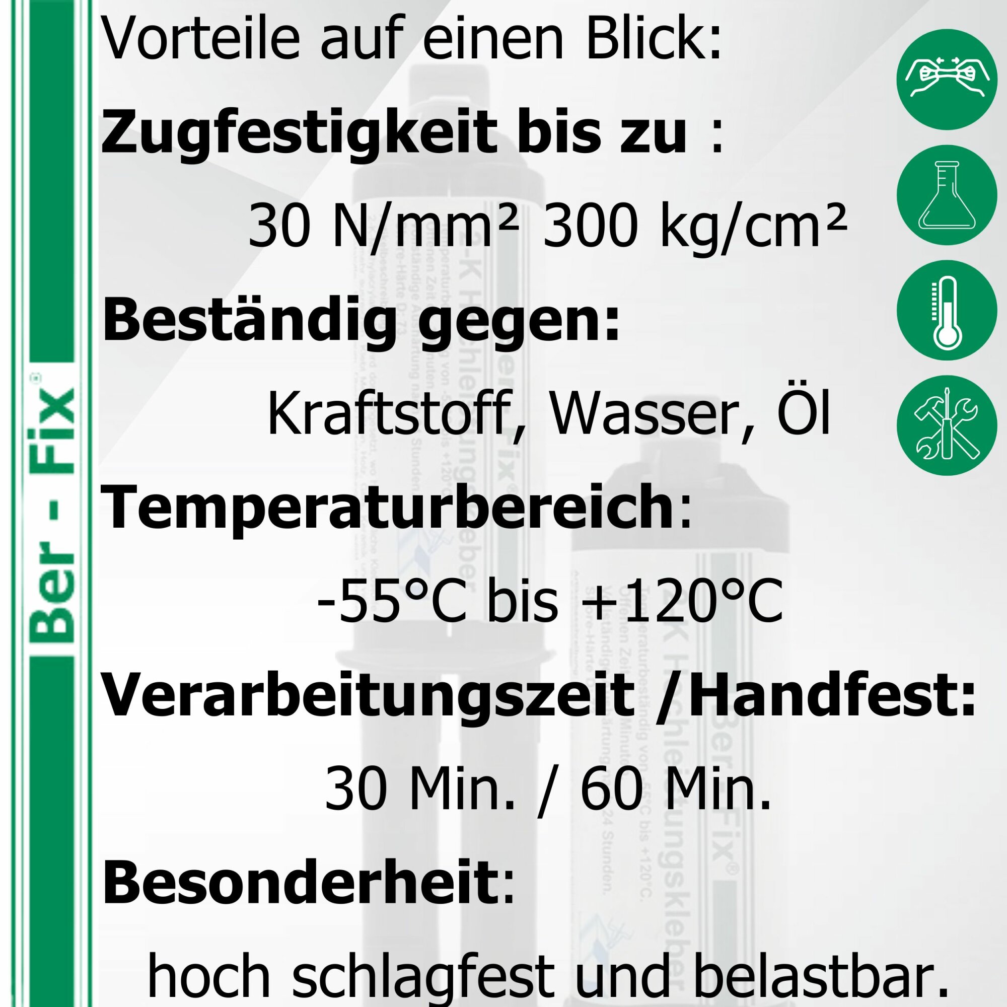 Ber-Fix® 2K-MMA-Hochleistungskleber 30 Min. für längere Ausrichtung an Kunststoff & Metall – 25 g + 5 Extra-Mischdüsen