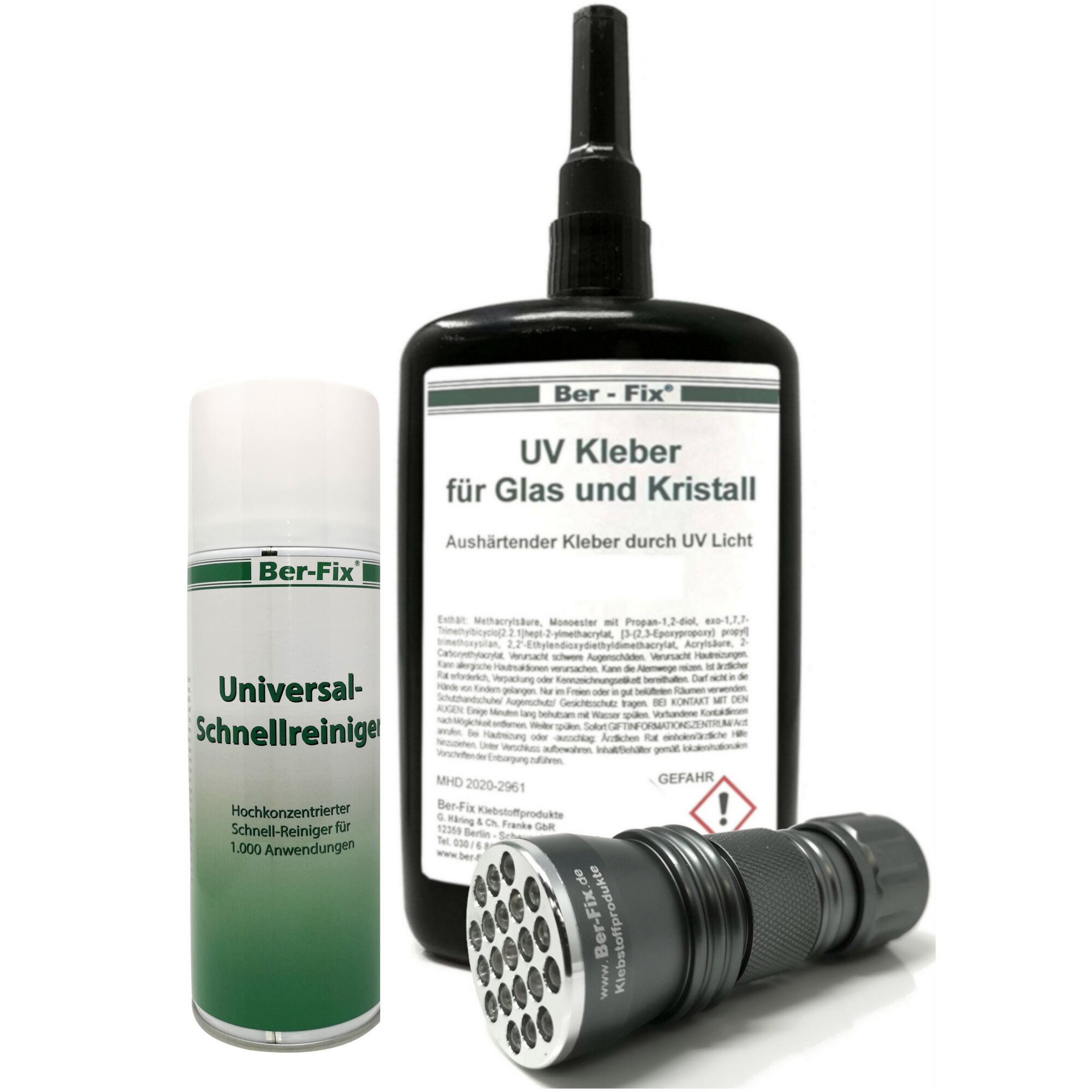 Ber-Fix® UV-Kleber mittelviskos 250 g + 21-LED-Lampe + 400 ml Universal-Schnellreiniger