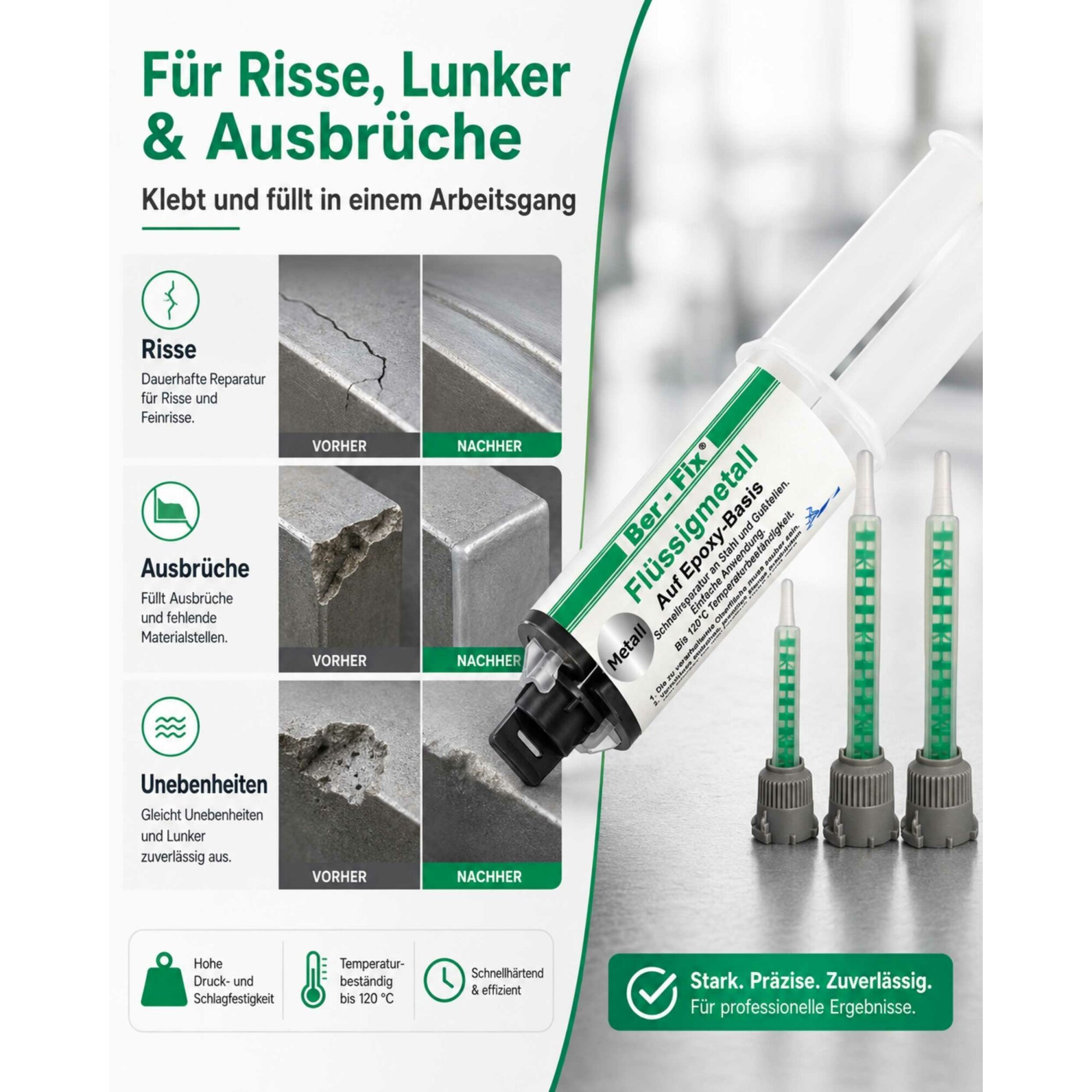 Ber-Fix® Flüssigmetall 25 g – 2K Epoxid-Metallreparatur für Oldtimer & Motorradteile + 5 Extra-Düsen