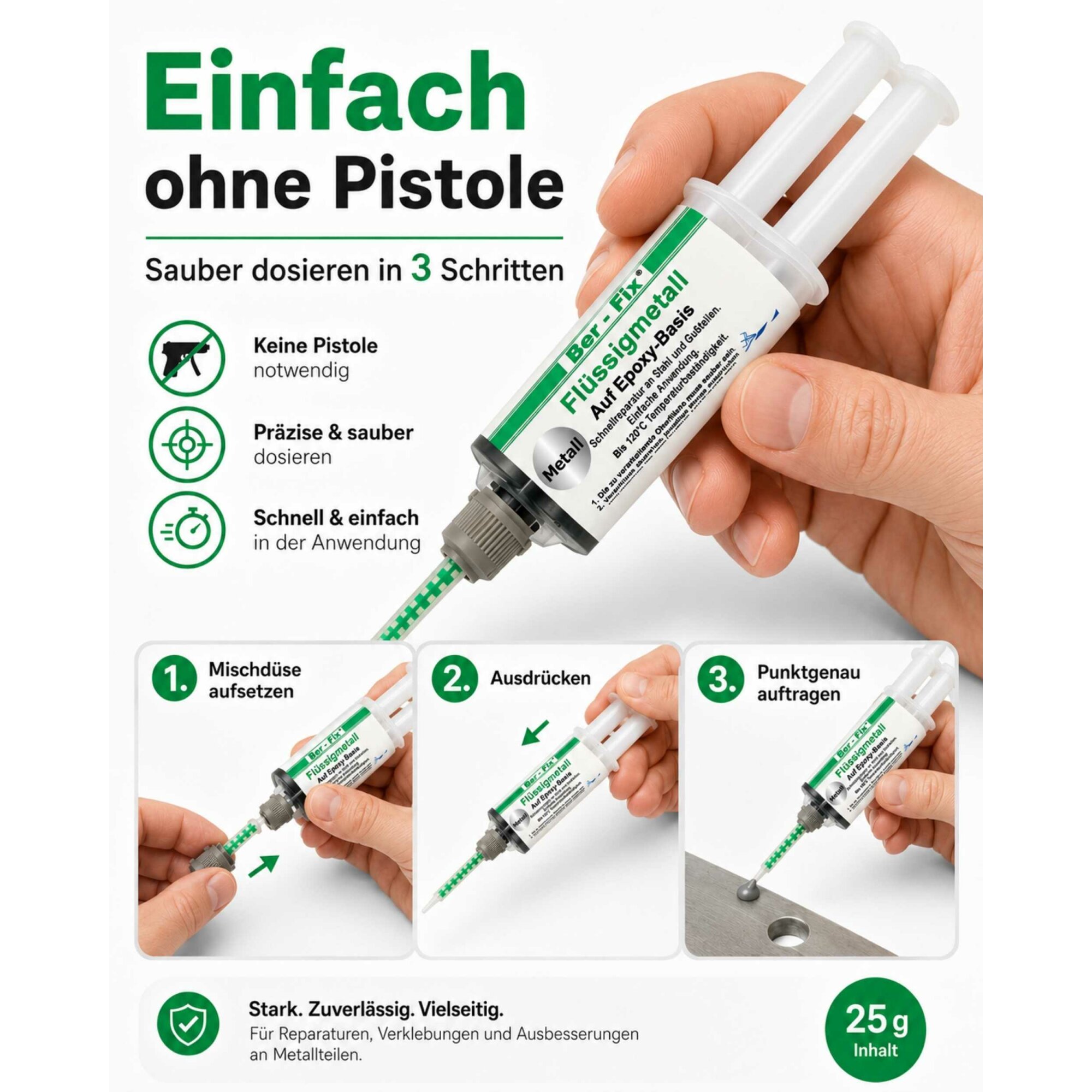 Ber-Fix® Flüssigmetall 25 g – 2K Epoxid-Metallreparatur für Oldtimer & Motorradteile + 5 Extra-Düsen