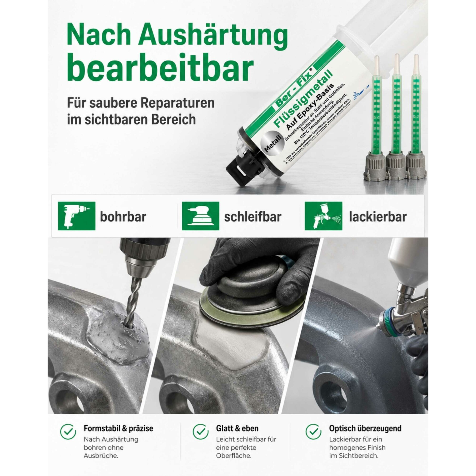 Ber-Fix® Flüssigmetall 25 g – 2K Epoxid-Metallreparatur für Oldtimer & Motorradteile + 5 Extra-Düsen