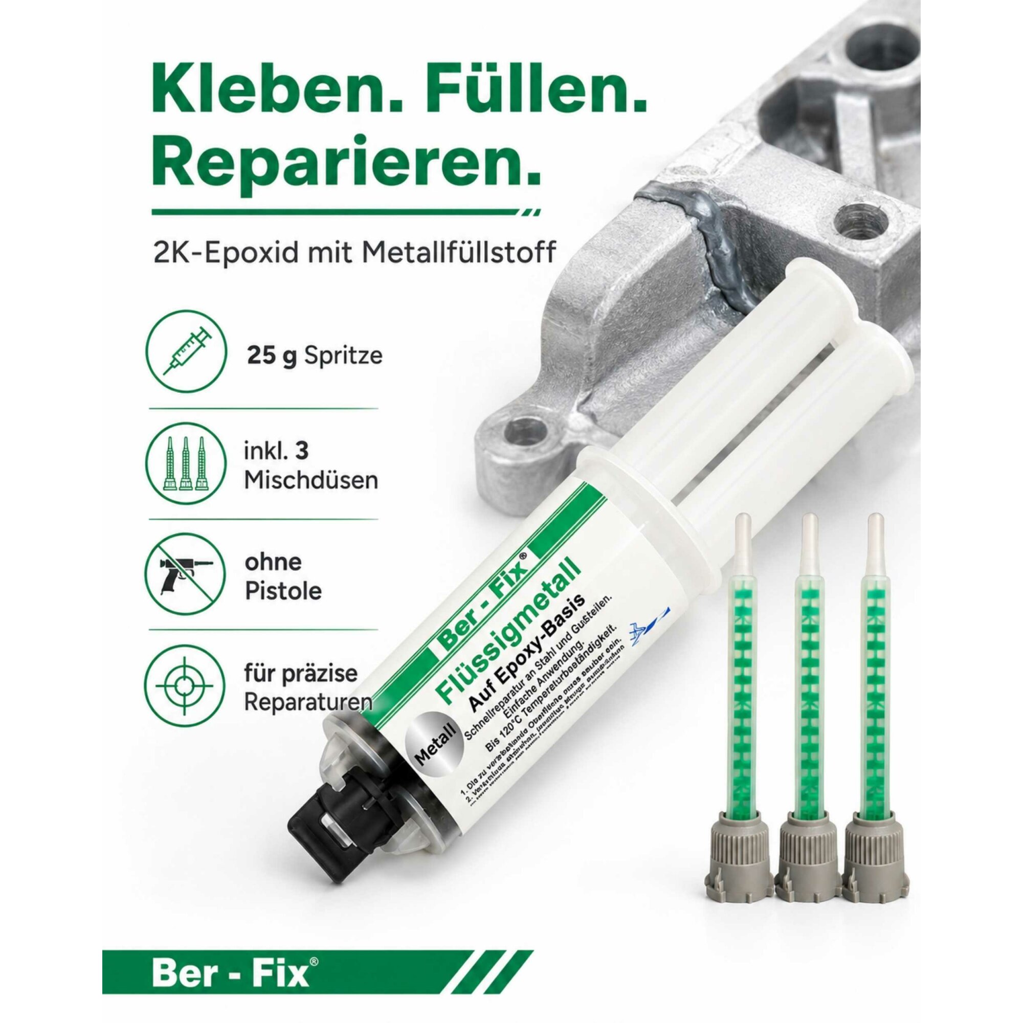 Ber-Fix® Flüssigmetall 25 g – 2K Epoxid-Metallreparatur für Oldtimer & Motorradteile + 5 Extra-Düsen