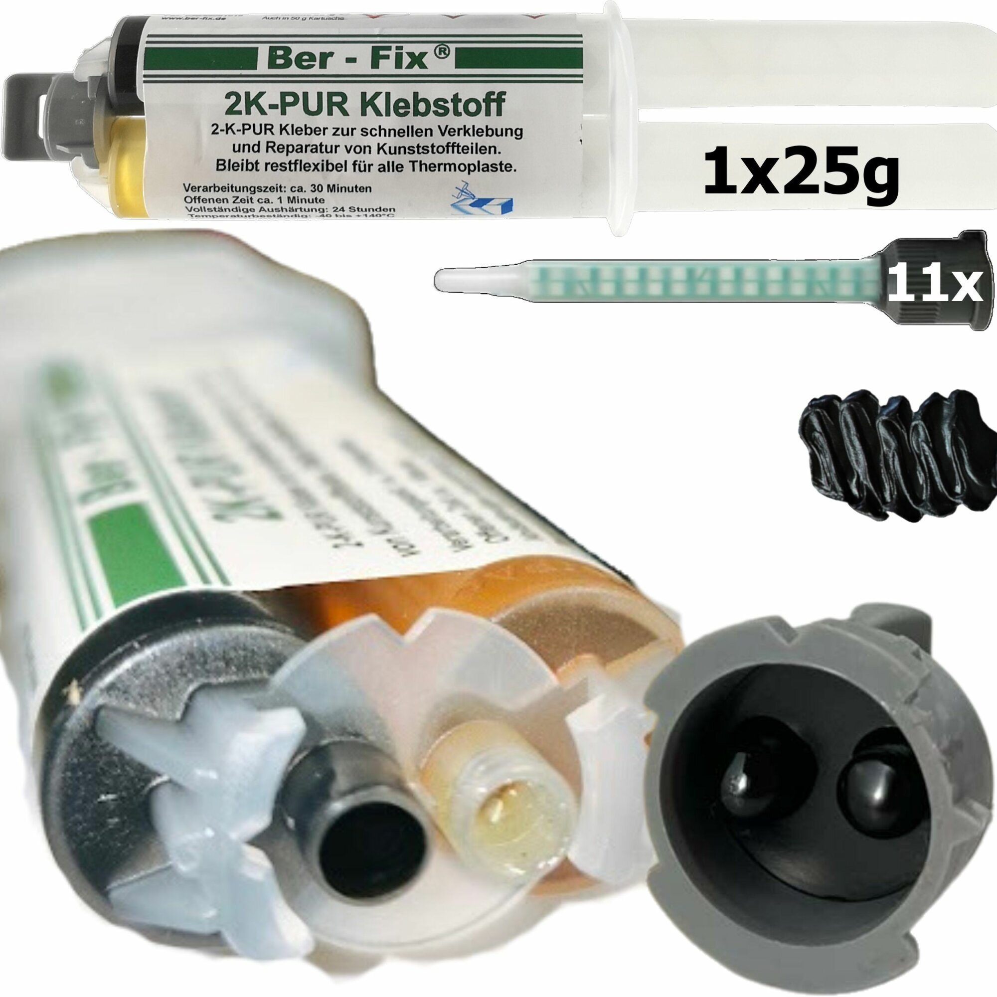 Ber-Fix® 2K PUR 25g Spritze 30 Sec. inklusive 11 Düsen