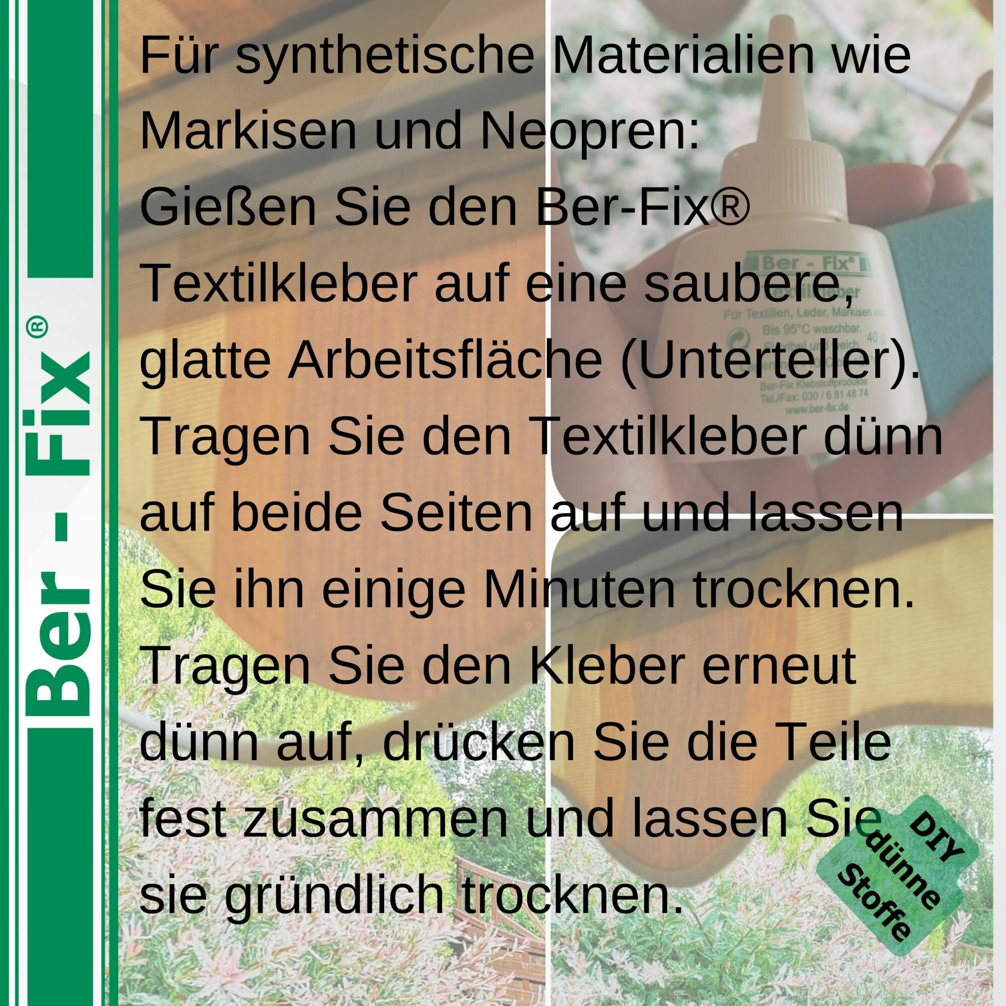 Ber-Fix 150g Textilkleber Stoffe Markisen Kochfest bis 95°C + 12 Schwämme