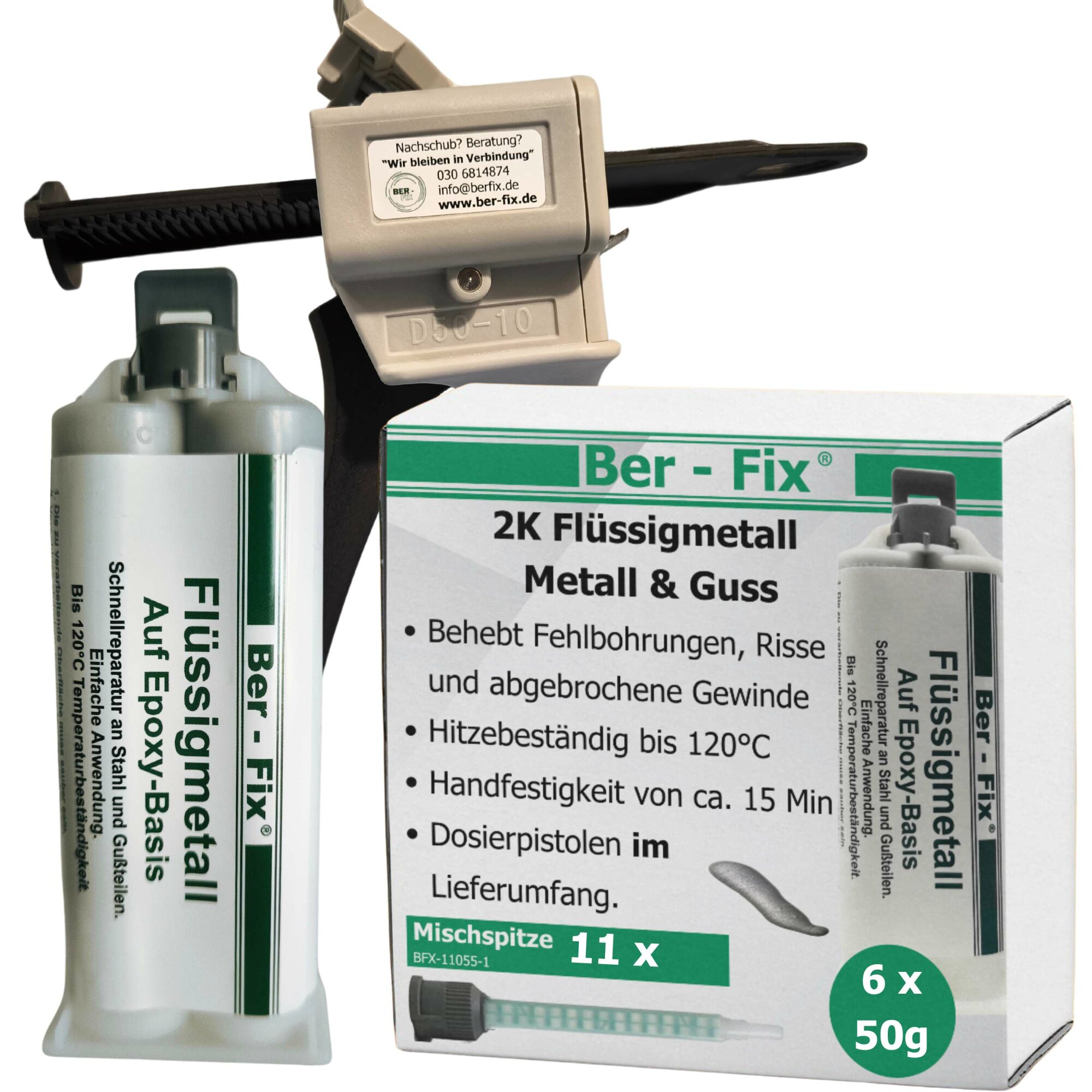 Ber-Fix® 50g Flüssigmetall 6St + 5 Extra Spitzen + Dosierpistole