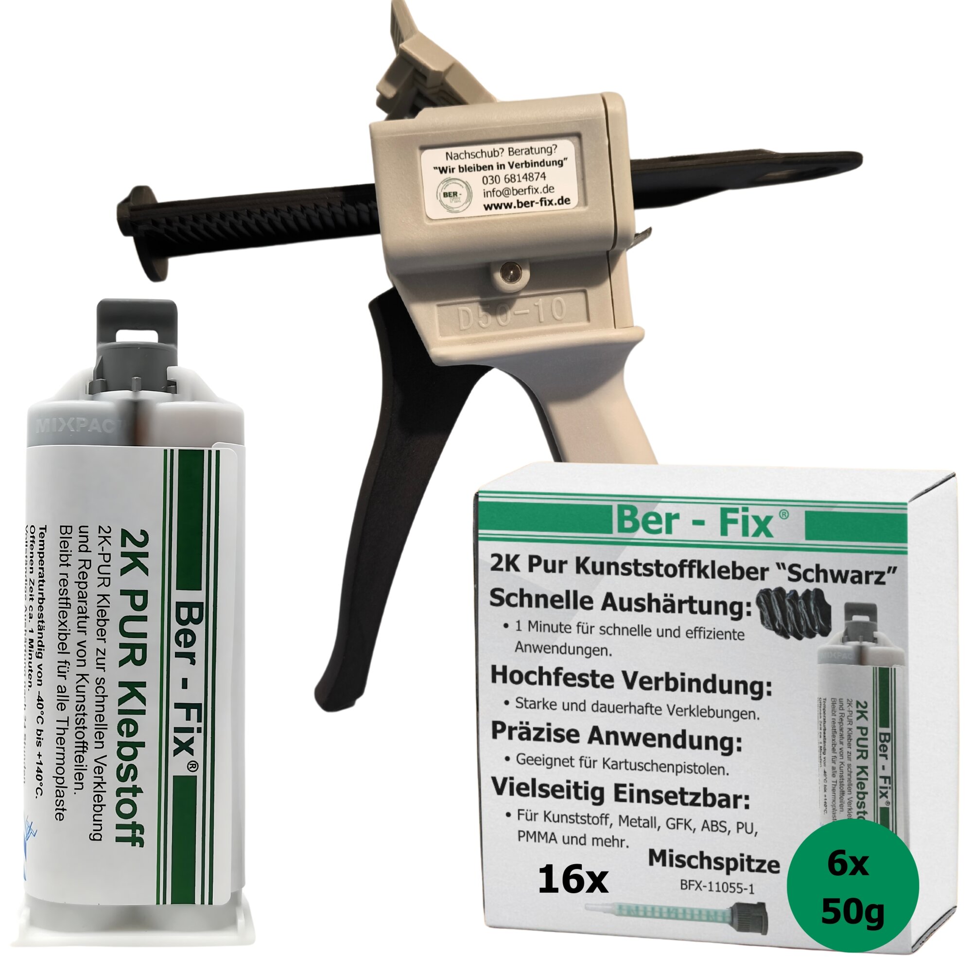 Ber-Fix® Stoßstange Reparatur 2K PUR 60Sek. SCHWARZER 50g Kartusche 1:1 - Kunststoffkleber 2K Kleber Kunststoff-Reparatur