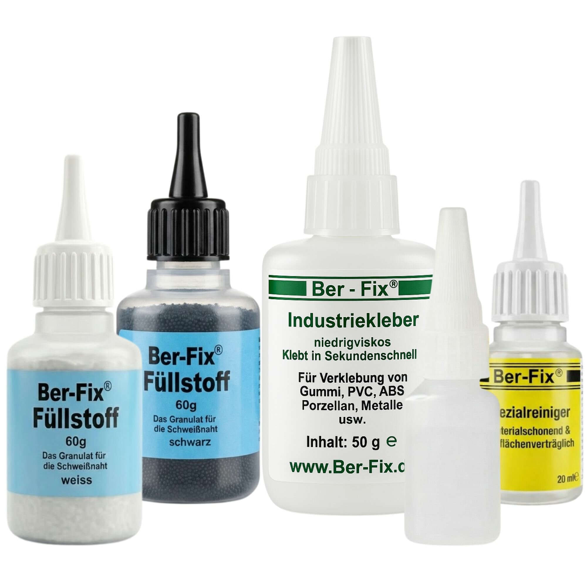 Ber-Fix® Füllstoff-Set Schwarz + Weiß XL – 50 g Industriekleber + je 60 g Granulat Schwarz/Weiß + 20 ml Reiniger