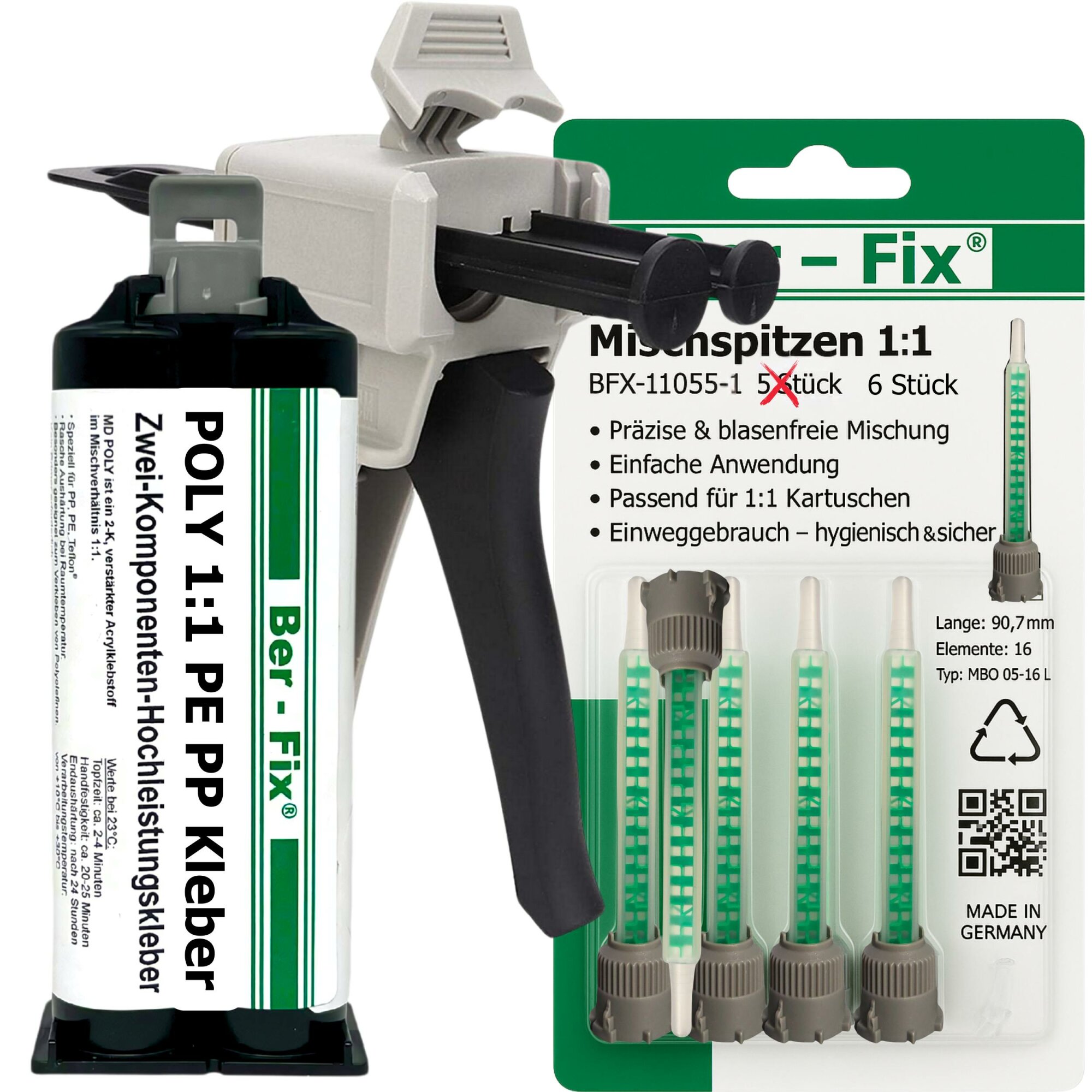 Ber-Fix® Poly 1:1 PE/PP-Kleber 50 g + 5 Extra-Mischdüsen + 1:1-Dosierpistole – ohne zusätzlichen Primer