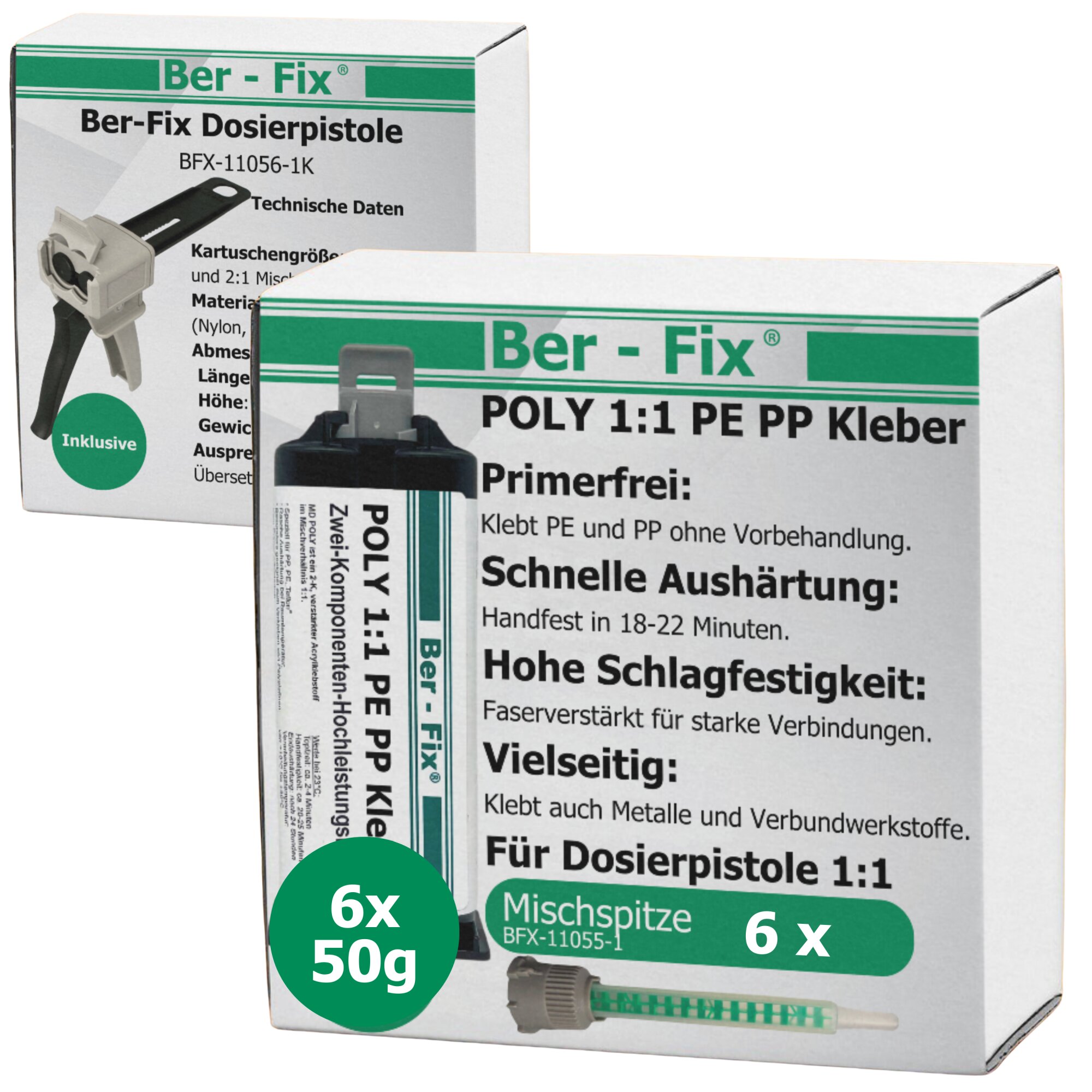Ber-Fix® Poly 1:1 PE/PP-Kleber 6 × 50 g + 1:1-Dosierpistole – ohne zusätzlichen Primer