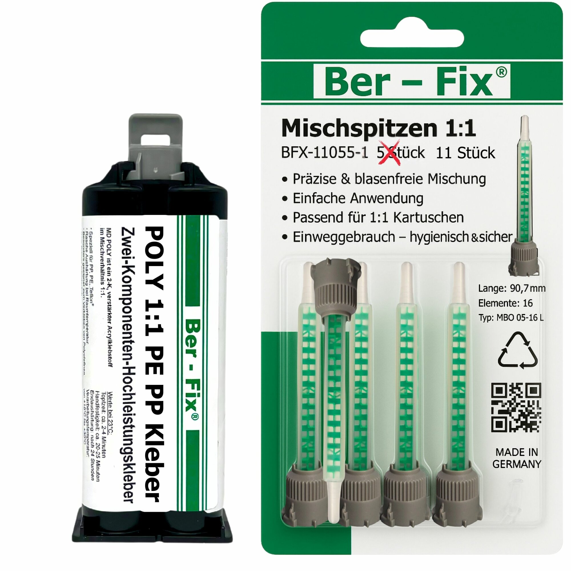 Ber-Fix® Poly 1:1 PE/PP-Kleber 50 g + 10 Extra-Mischdüsen – ohne zusätzlichen Primer