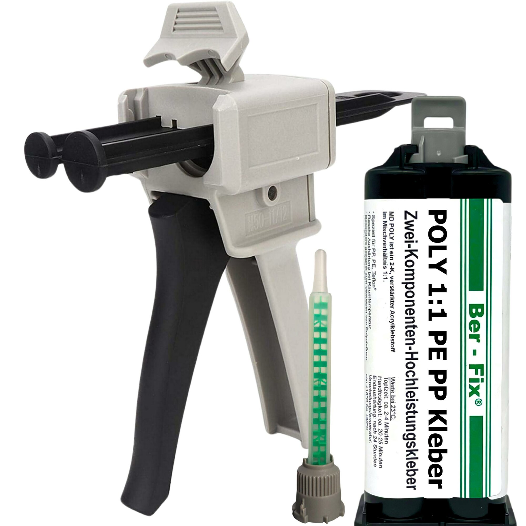 Ber-Fix® Poly 1:1 PE/PP-Kleber 50 g + 1:1-Dosierpistole – ohne zusätzlichen Primer