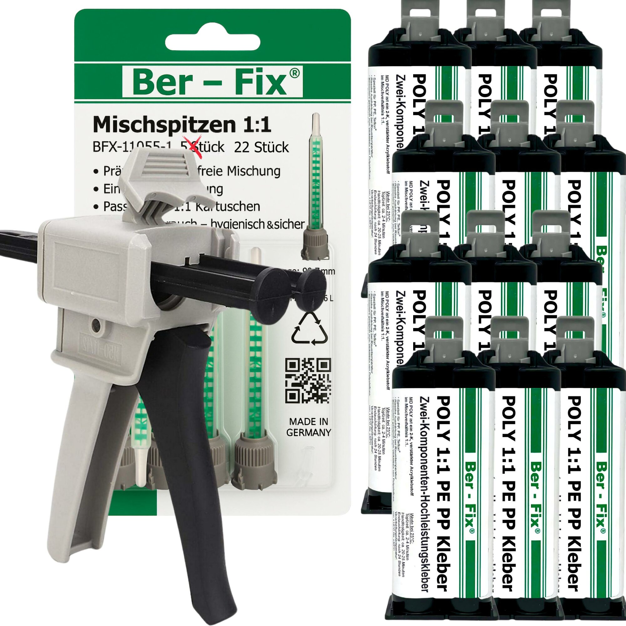 Ber-Fix® Poly 1:1 2K-Kunststoffkleber für PE, PP & HDPE – 12 × 50 g + 10 Extra-Mischdüsen + 1:1-Dosierpistole – ohne zusätzlichen Primer