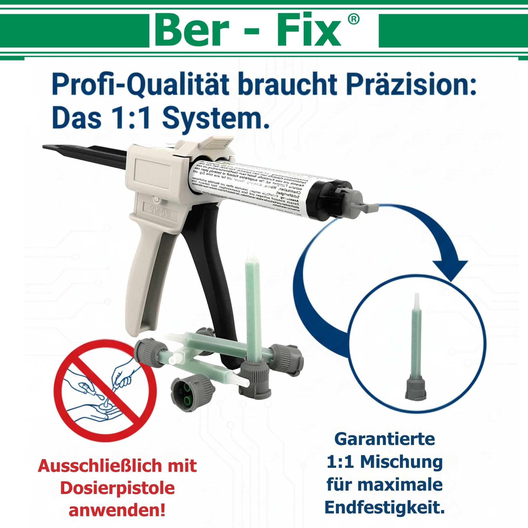 Ber-Fix® Poly 1:1 PE/PP-Kleber 12 × 50 g + 10 Extra-Mischdüsen + 1:1-Dosierpistole – ohne zusätzlichen Primer