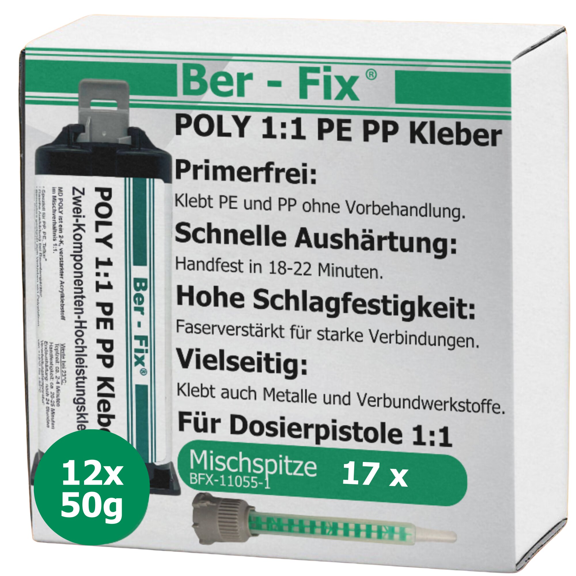 Ber-Fix® Poly 1:1 2K-Kunststoffkleber für PE, PP & HDPE – 12 × 50 g + 5 Extra-Mischdüsen – ohne zusätzlichen Primer