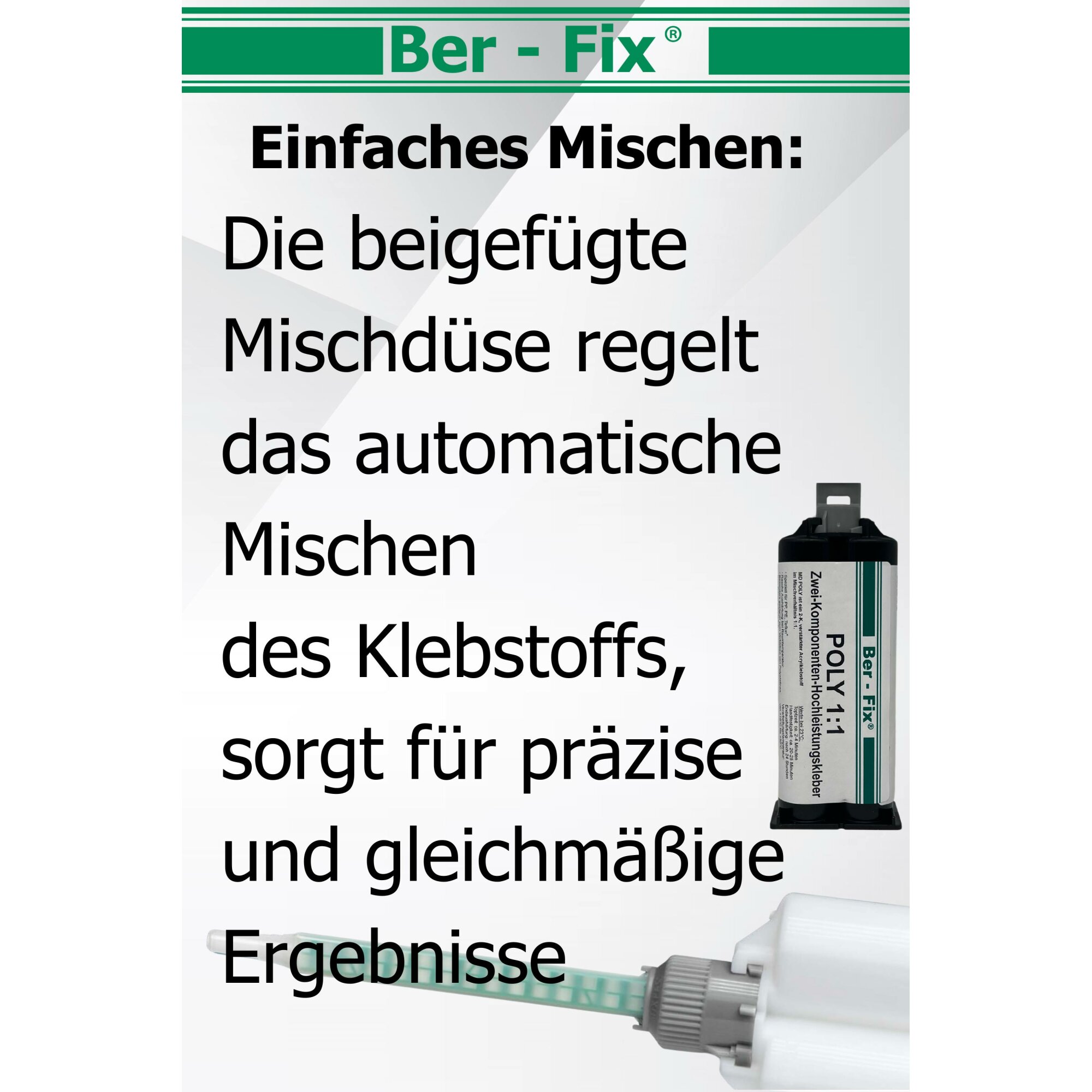 Ber-Fix® Poly 1:1 2K-Kunststoffkleber für PE, PP & HDPE – 12 × 50 g + 5 Extra-Mischdüsen + 1:1-Dosierpistole – ohne zusätzlichen Primer