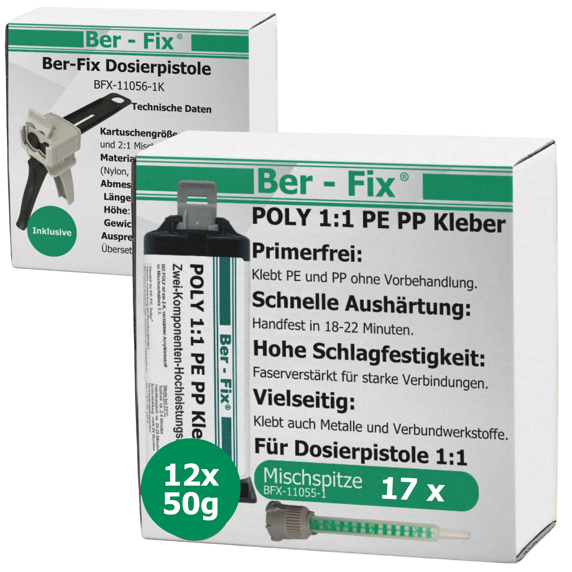 Ber-Fix® Poly 1:1 PE/PP-Kleber 12 × 50 g + 5 Extra-Mischdüsen + 1:1-Dosierpistole – ohne zusätzlichen Primer