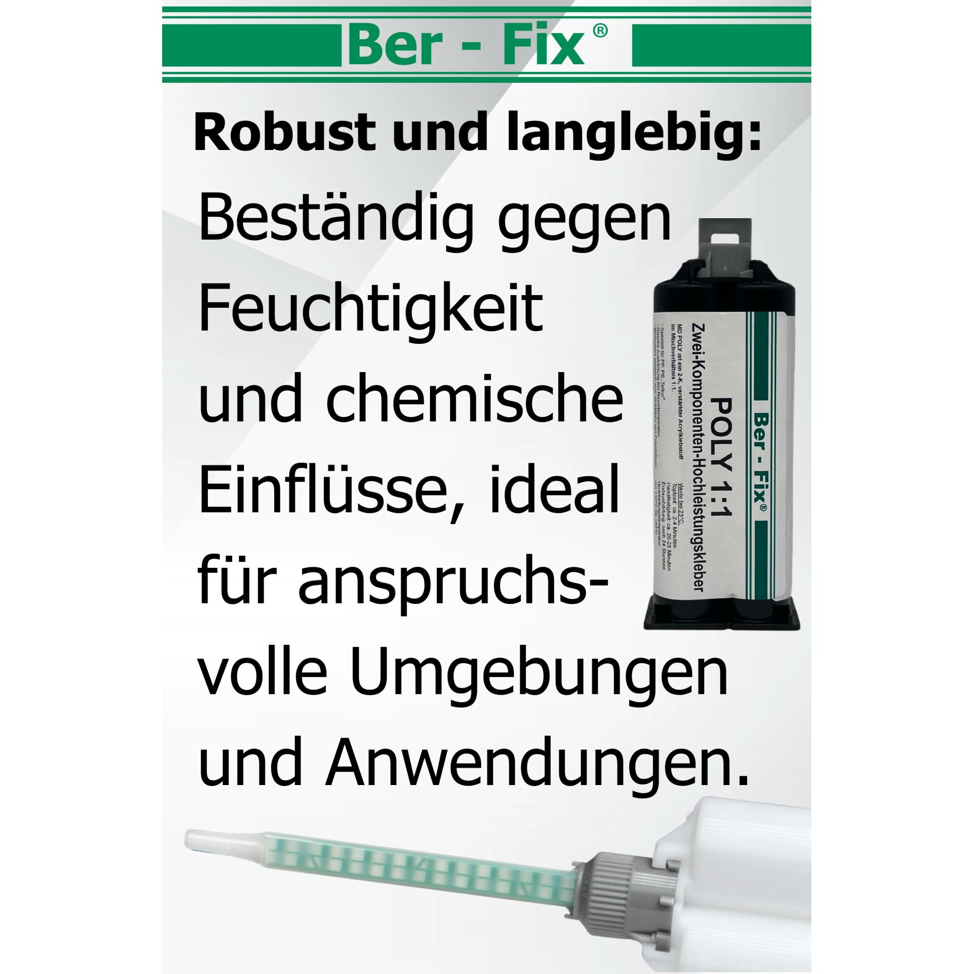 Ber-Fix® Poly 1:1 PE/PP-Kleber 12 × 50 g + 5 Extra-Mischdüsen + 1:1-Dosierpistole – ohne zusätzlichen Primer