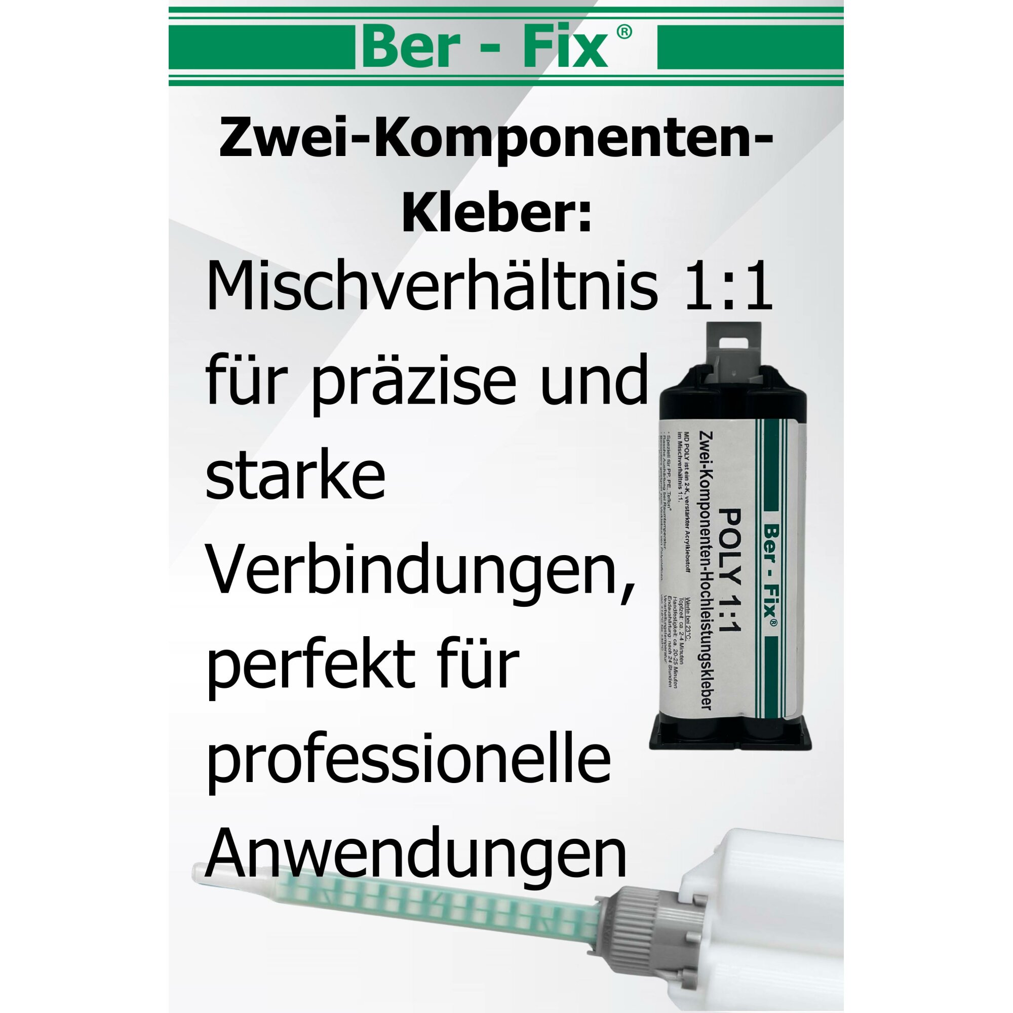 Ber-Fix® Poly 1:1 PE/PP-Kleber 12 × 50 g + 5 Extra-Mischdüsen + 1:1-Dosierpistole – ohne zusätzlichen Primer