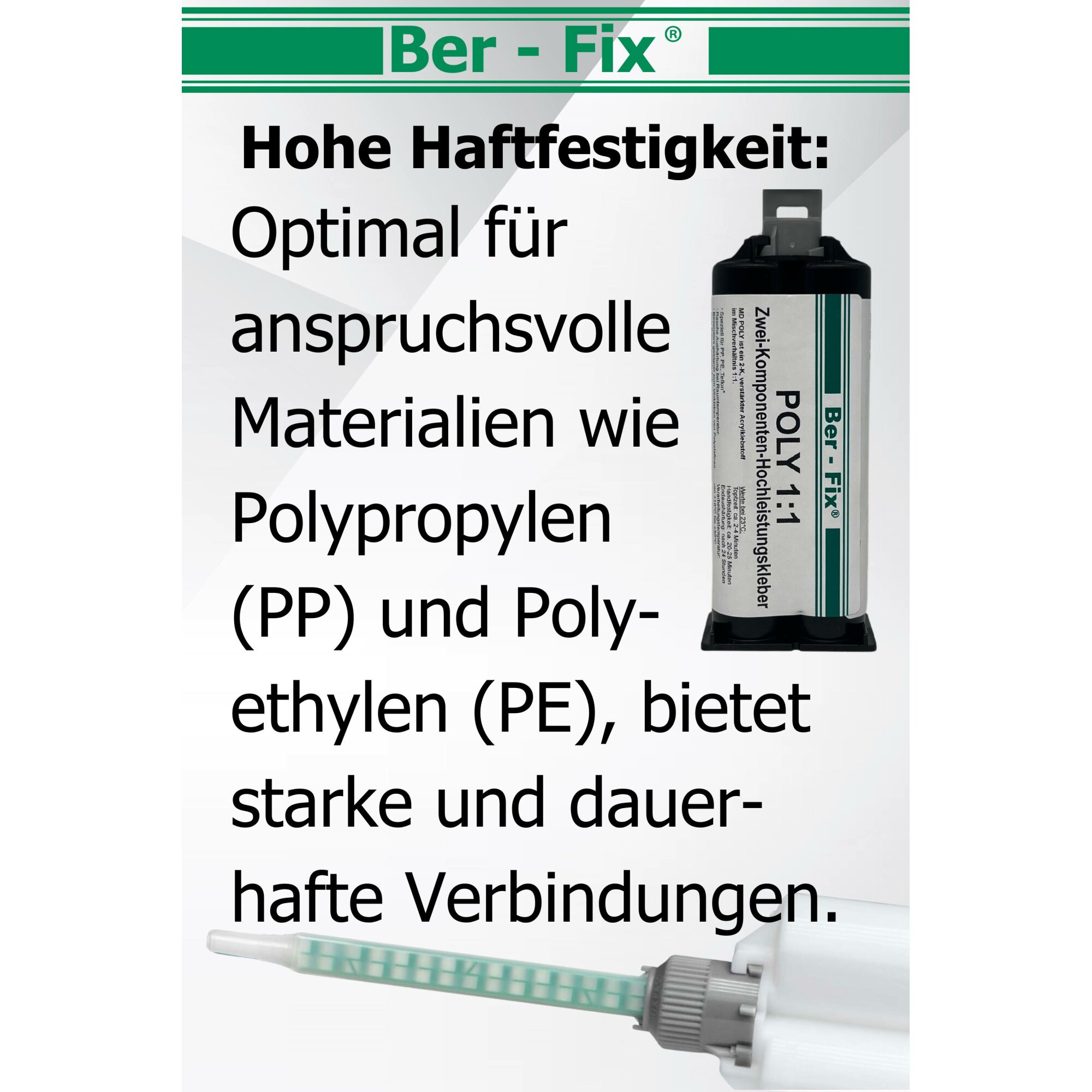 Ber-Fix® Poly 1:1 PE/PP-Kleber 12 × 50 g + 5 Extra-Mischdüsen + 1:1-Dosierpistole – ohne zusätzlichen Primer