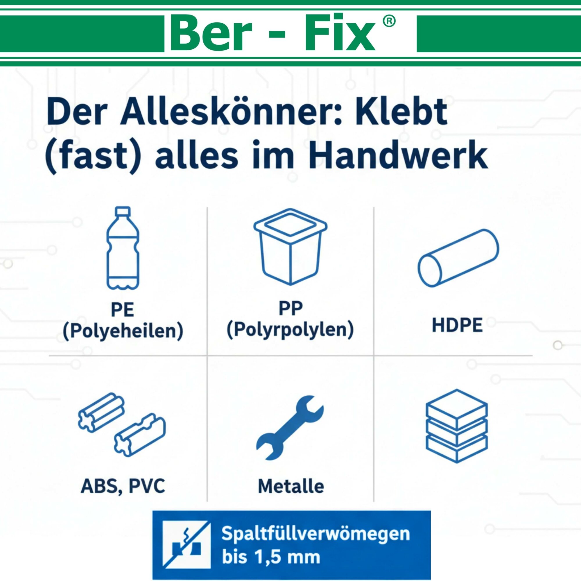 Ber-Fix® Poly 1:1 PE/PP-Kleber 6 × 50 g + 5 Extra-Mischdüsen + 1:1-Dosierpistole – ohne zusätzlichen Primer