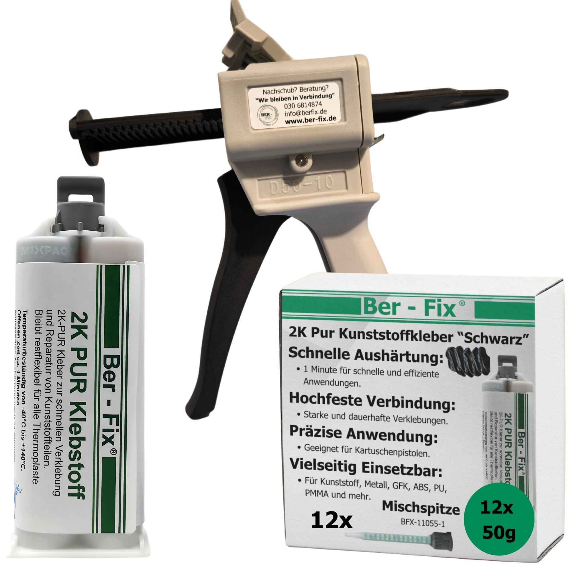 Ber-Fix® 2K-PUR Kleber schwarz – Hochfester Konstruktionskleber – 12x 50g + Dosierpistole