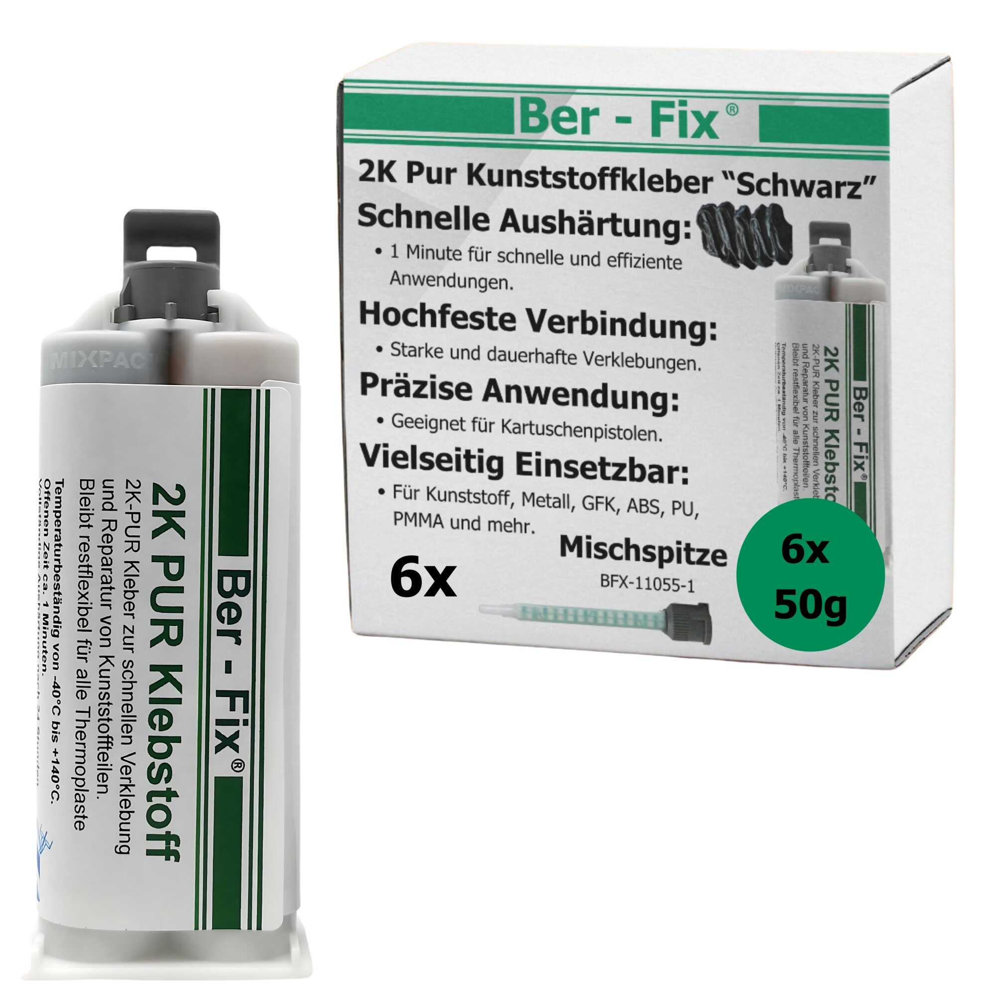 Ber-Fix® 2K-PUR 6x 50g + 5 Mischdüsen + Dosierpistole