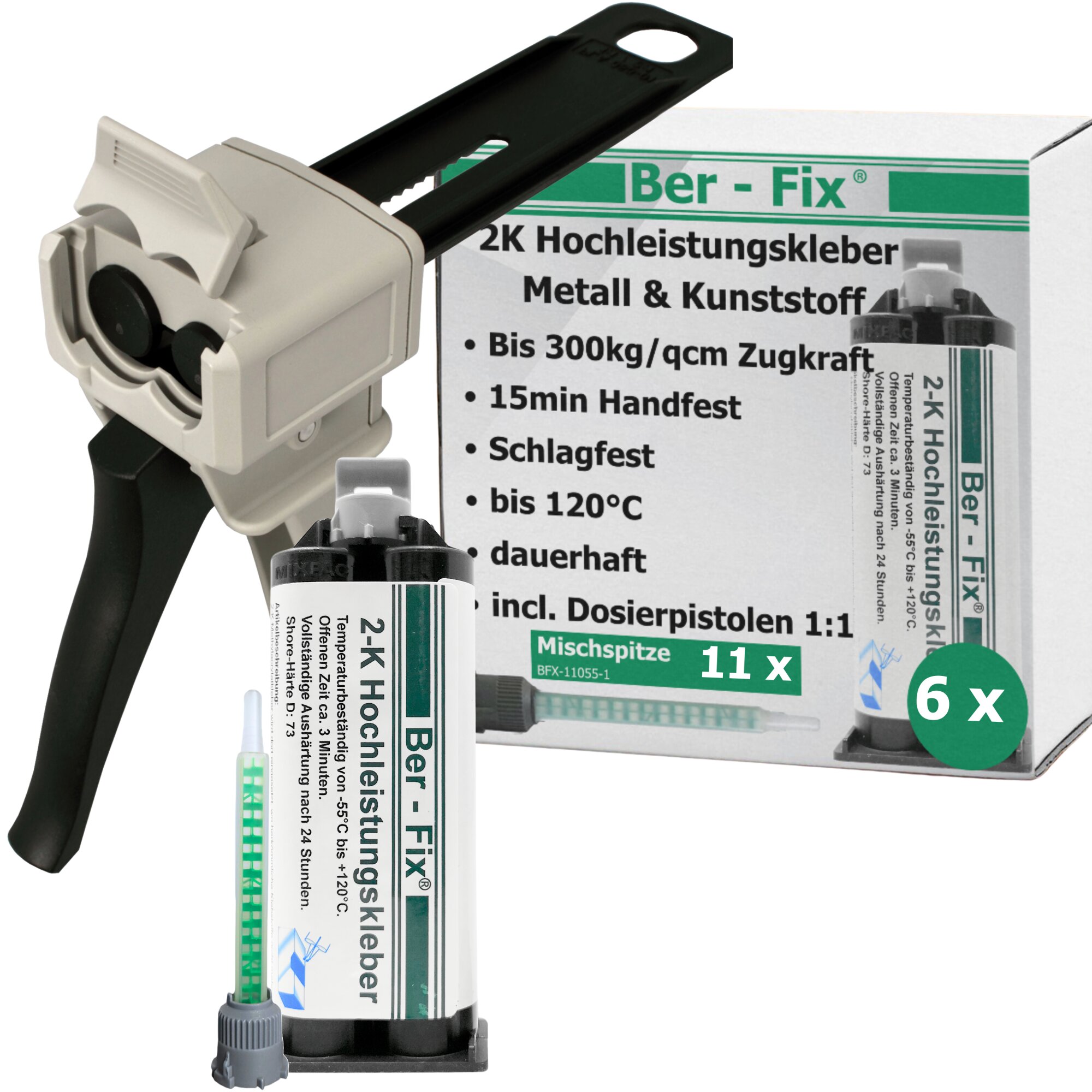 Ber-Fix® 2K-Hochleistungskleber 50g 3 Min. 6x + 5 Extra Spitzen + Pistole