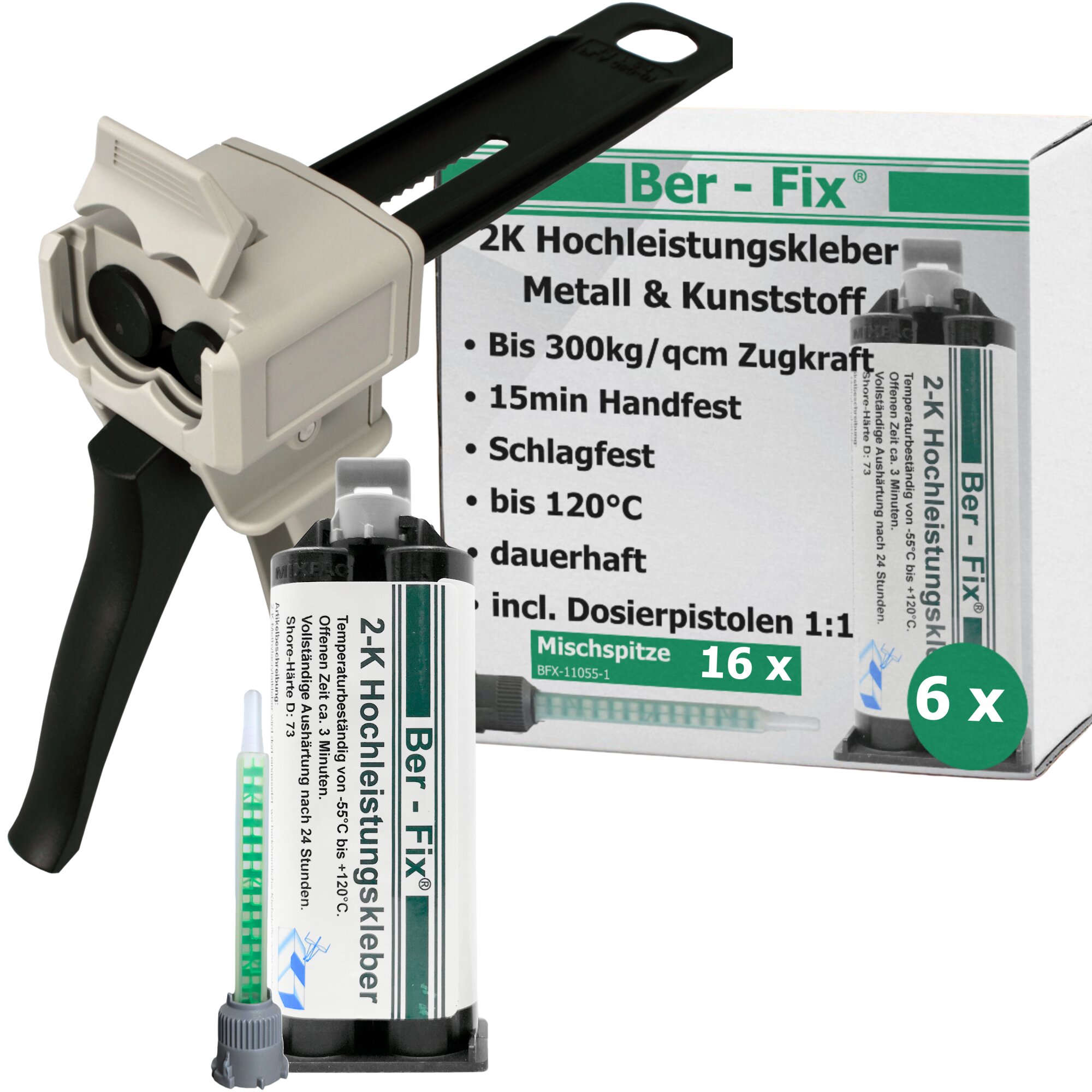 Ber-Fix® 2K-Hochleistungskleber 3 Min. 6x 50g  + 10 Extra Düsen + Dosierpistole