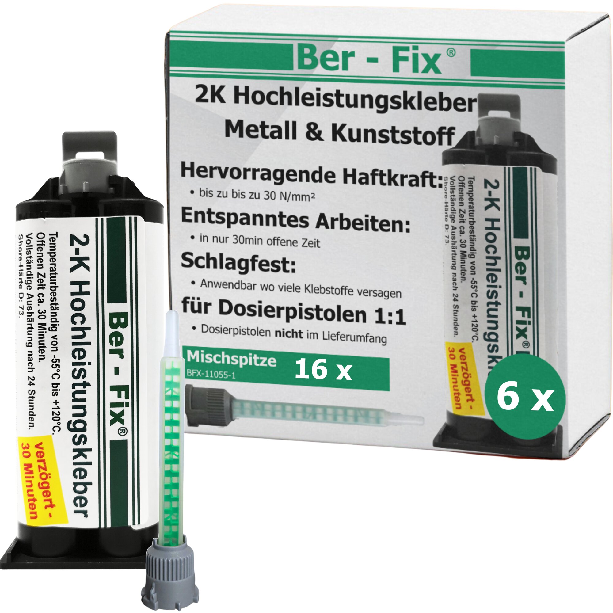 Ber-Fix® 2K-MMA-Hochleistungskleber 30 Min. für längere Ausrichtung an Kunststoff & Metall – 6×50 g + 10 Extra-Mischdüsen