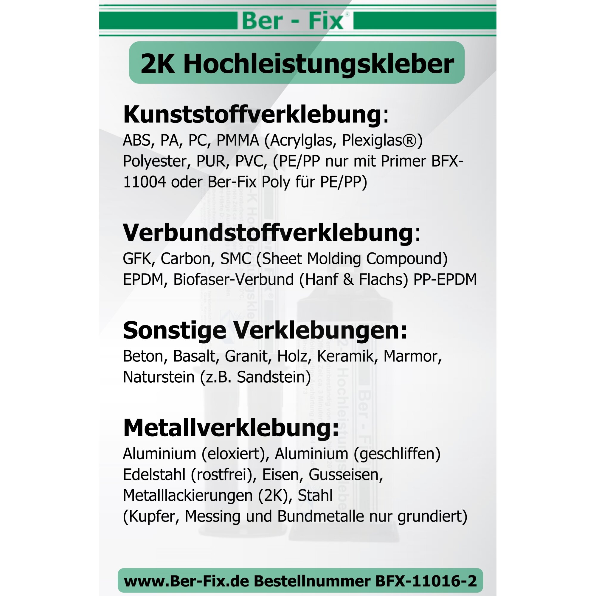 Ber-Fix® 2K-MMA-Hochleistungskleber 3 Min. für schnelle Kunststoff- & Metallreparaturen – 12×50 g + 10 Extra-Mischdüsen