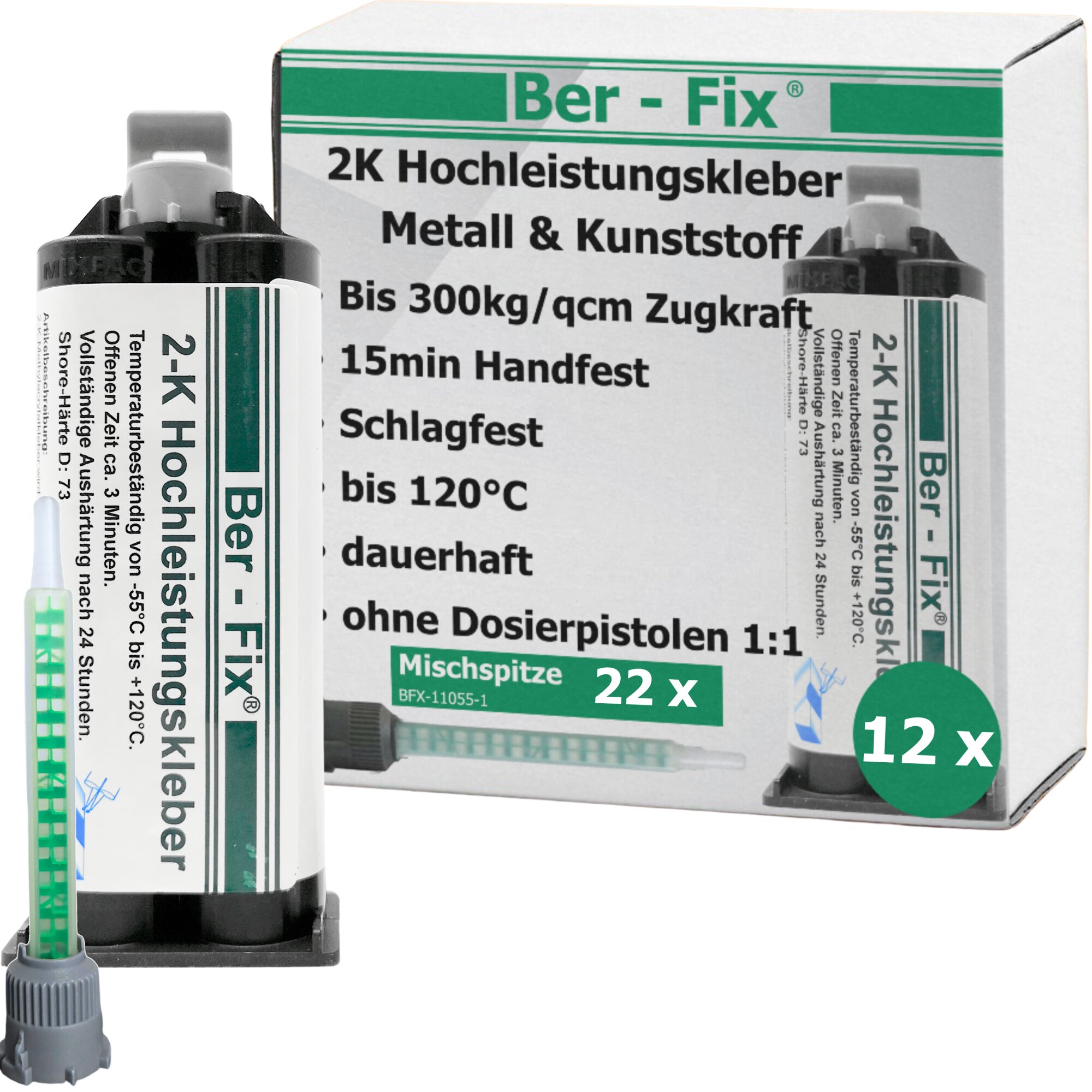 Ber-Fix® 2K-MMA-Hochleistungskleber 3 Min. für schnelle Kunststoff- & Metallreparaturen – 12×50 g + 10 Extra-Mischdüsen