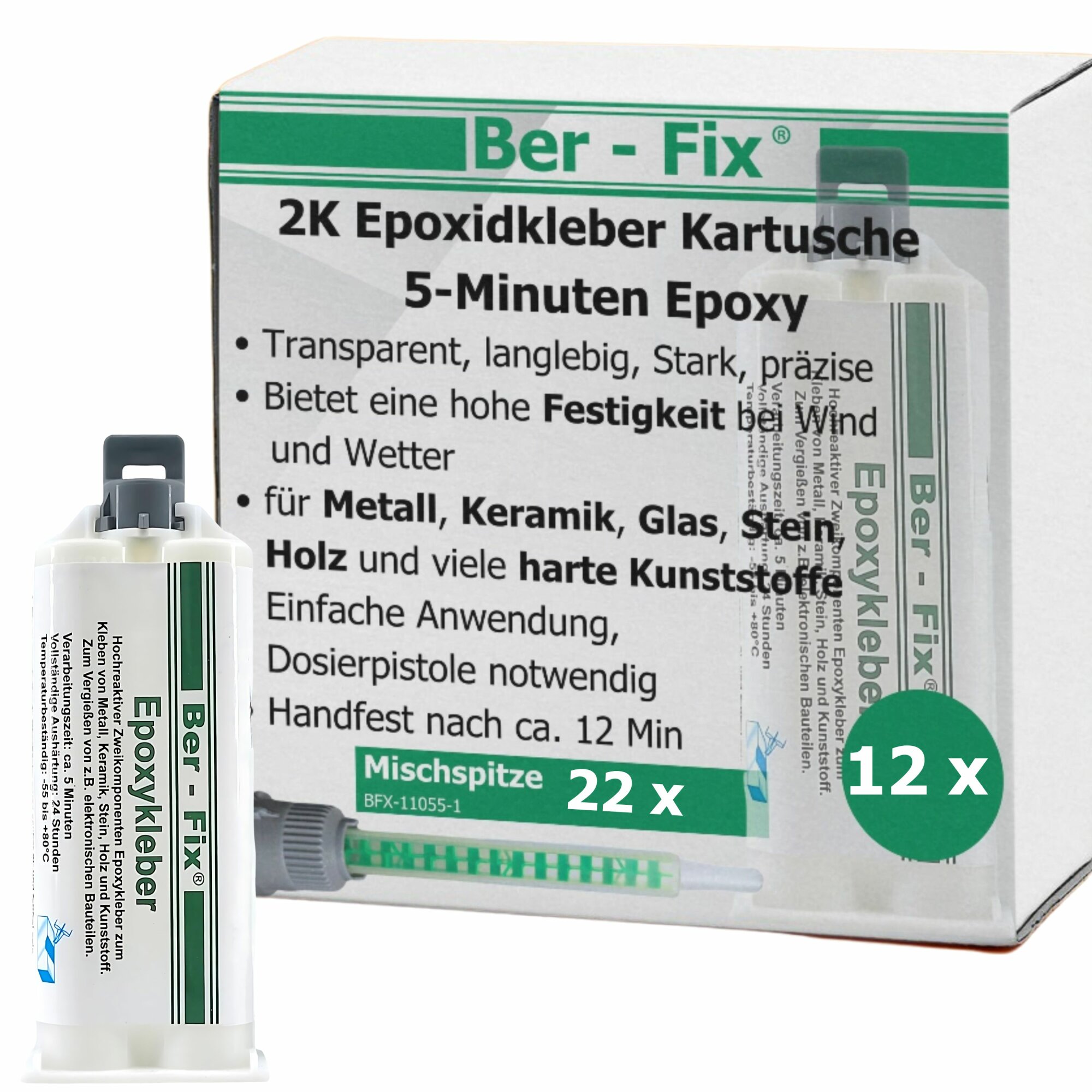 Ber-Fix® 5 Min Epoxykleber 12x 50g  + 10 Spitzen Extra