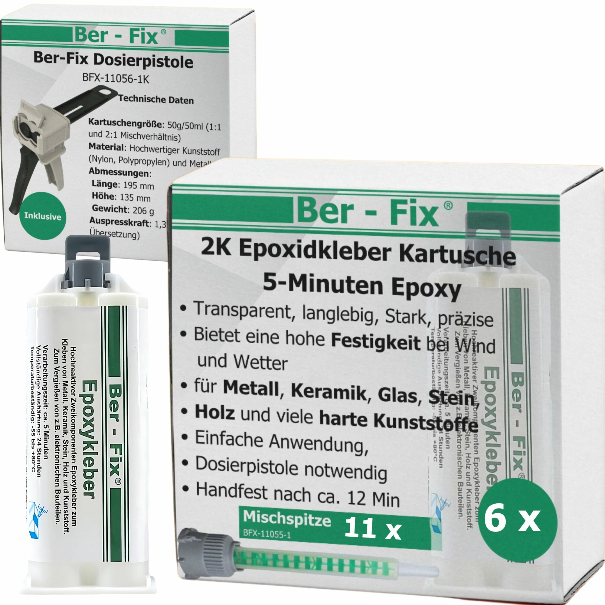 Ber-Fix® Epoxykleber 5 Min. 6x 50g + 5 Extra Düsen + Dosierpistole