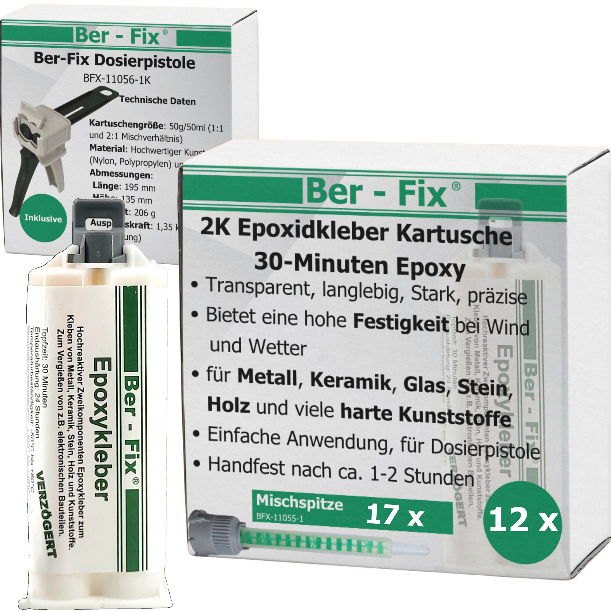 Ber-Fix® Epoxykleber 30 Min. 12x 50g + 5 Extra Düsen + Dosierpistole
