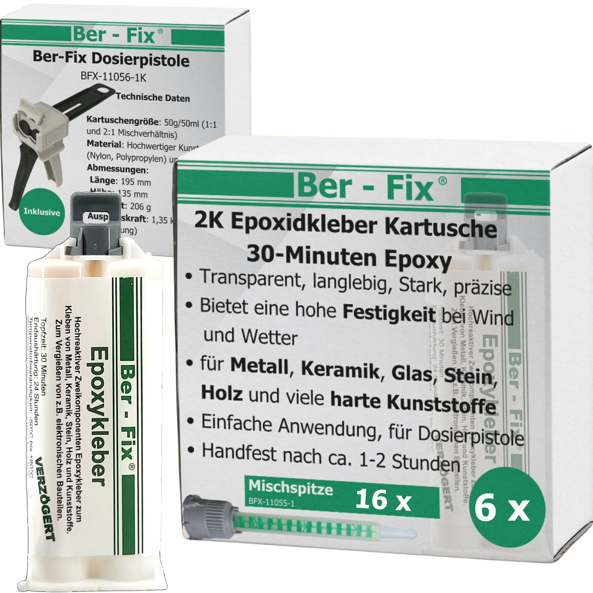 Ber-Fix® Epoxykleber 30 Min. 6x 50g + 10 Extra Düsen + Dosierpistole