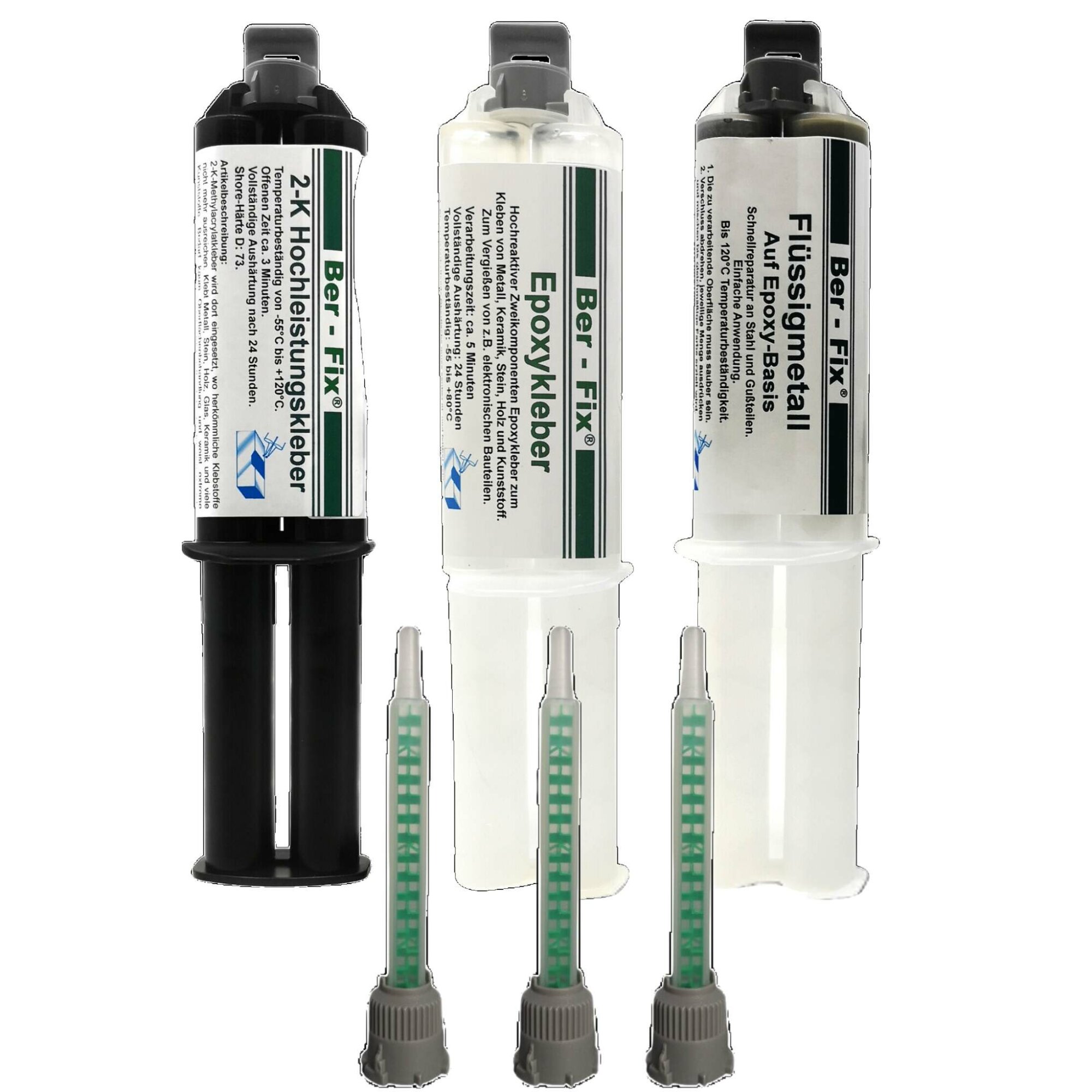 Ber-Fix® 2K-Kleber Set - Inklusive Hochleistungskleber, Epoxykleber & Flüssigmetall inclusive 3 Düsen - Keine Dosierpistole benötigt!
