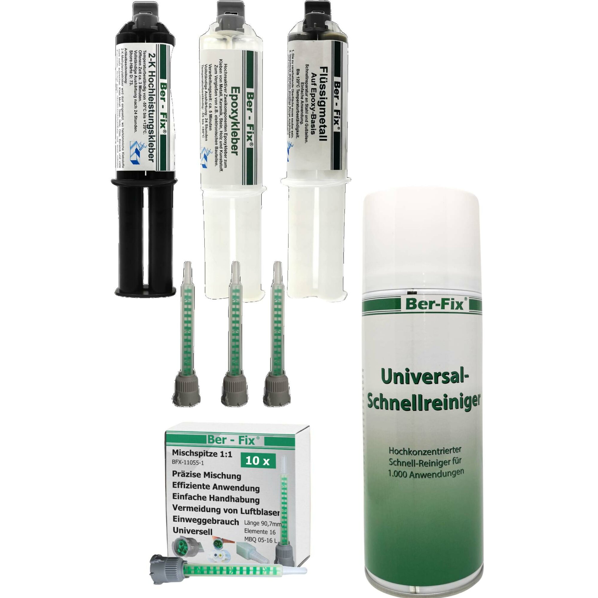 Ber-Fix® 2K-Kleber Set - Hochleistungskleber, Epoxykleber & Flüssigmetall 13 Düsen + Universalreiniger - Keine Dosierpistole benötigt!