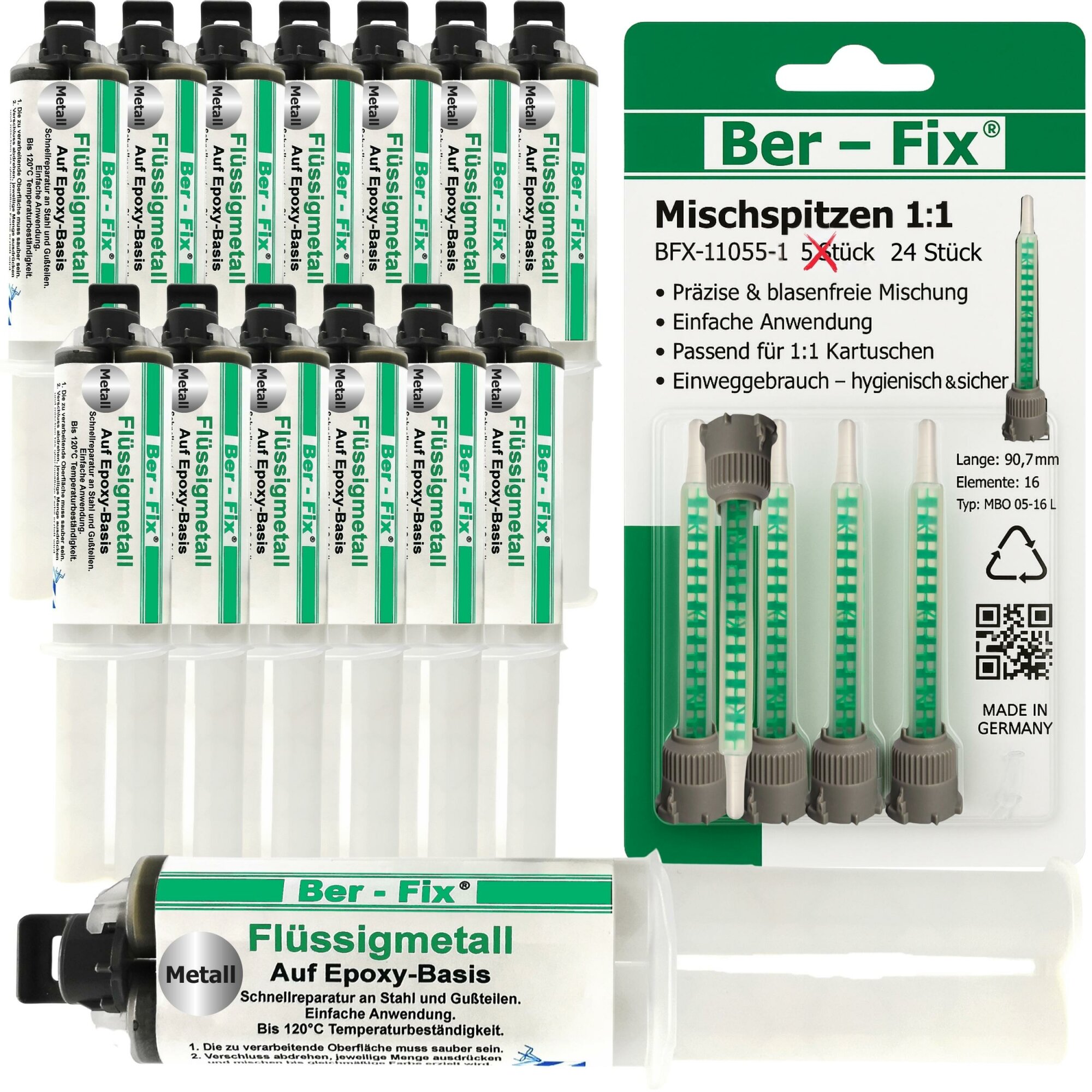 Ber-Fix® Flüssigmetall 14 × 25 g – 2K Epoxid-Metallreparatur für Maschinenbau & Instandhaltung + 10 Extra-Düsen