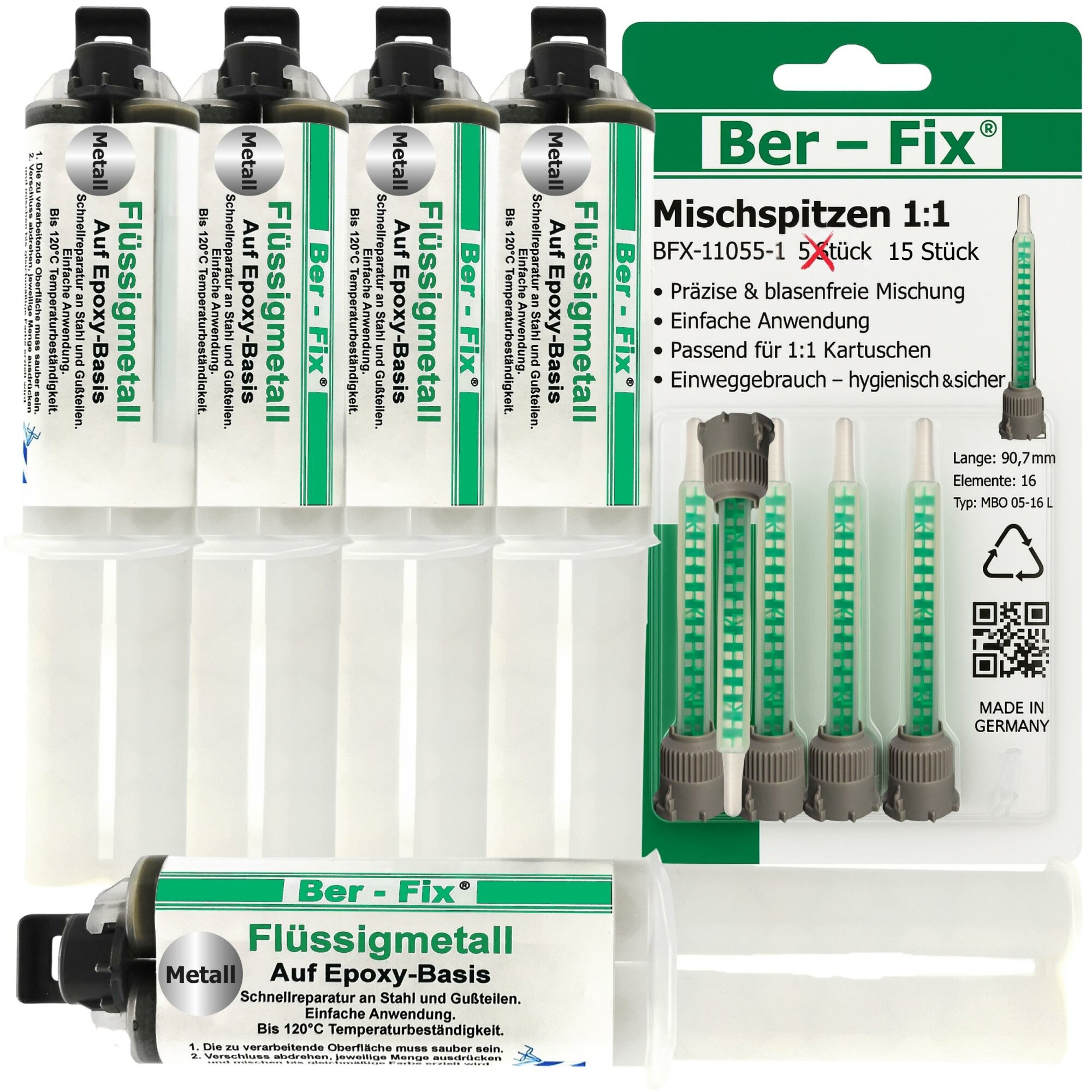 Ber-Fix® Flüssigmetall 5 × 25g – metallgefüllter 2K-Epoxid-Metallkleber für Modellbau und Präzisionsteile, mit 15 Mischdüsen, ohne Pistole
