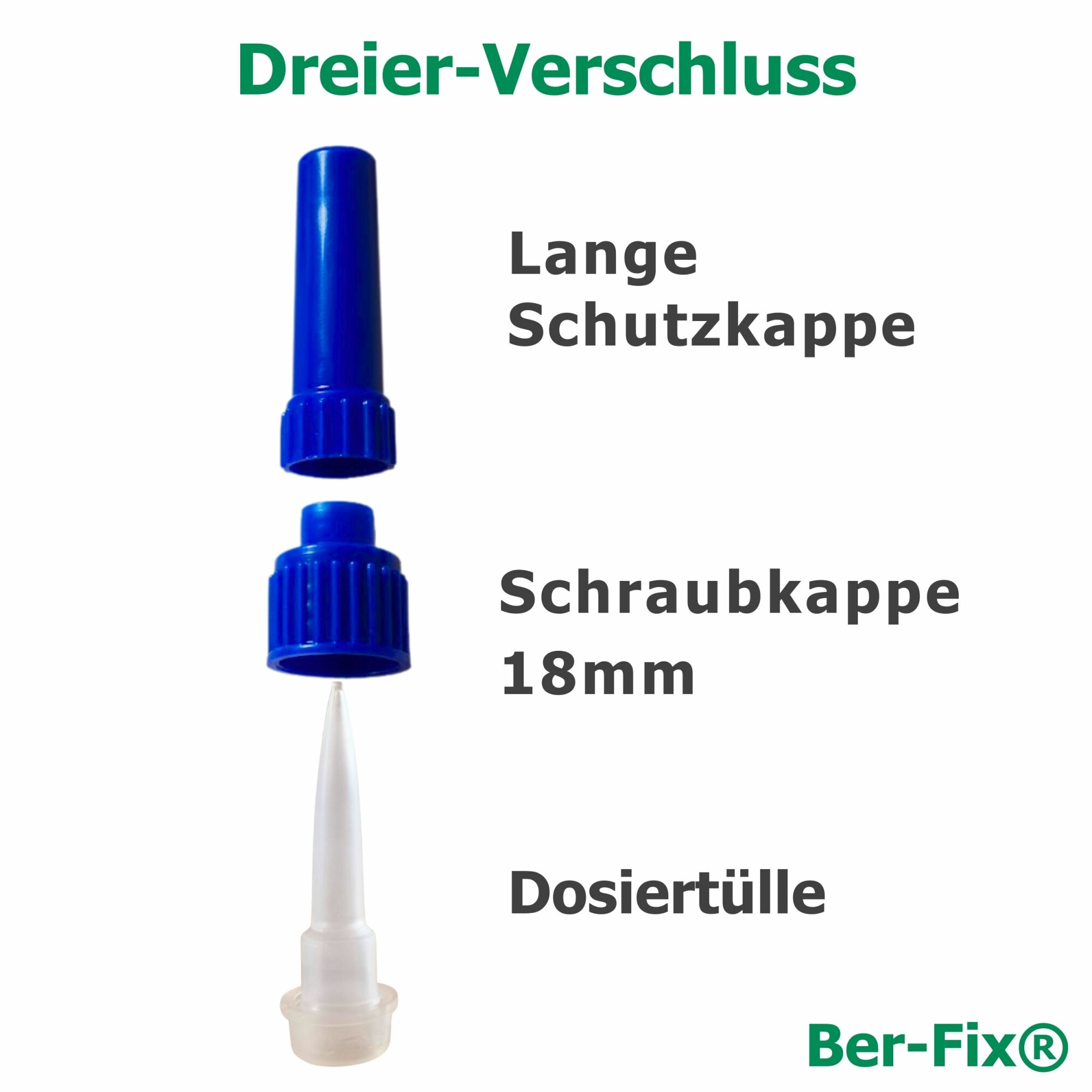 Ber-Fix® Dosierspitze blau 18 mm – Doppelpack (2 Stück) – lange Ausführung – Ersatz-Verschlusskappen für Rundflaschen