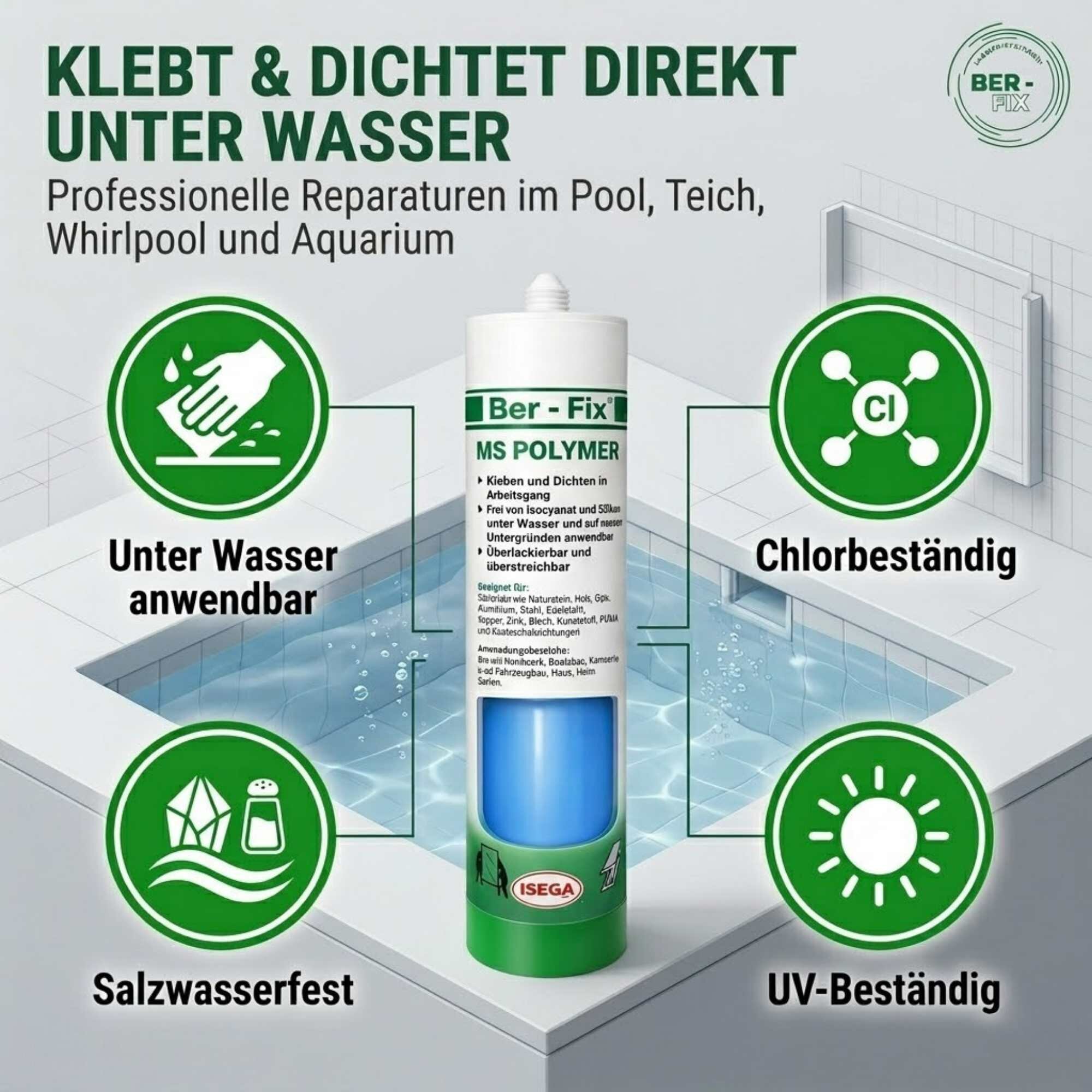 Ber-Fix® MS Polymer Blau – Poolkleber, Unterwasser-Reparatur & Chlorresistenter Dichtstoff