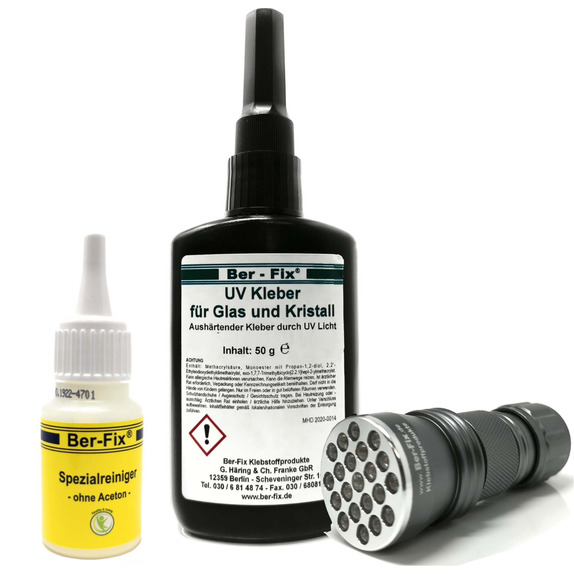 Ber-Fix® UV Kleber mit Lampe Set DER GLASKLEBER 50g Mittelviskos 500mPas spaltfüllend bis 0,30 mm mit UV Taschenlampe 21 Led mit Spezialreiniger
