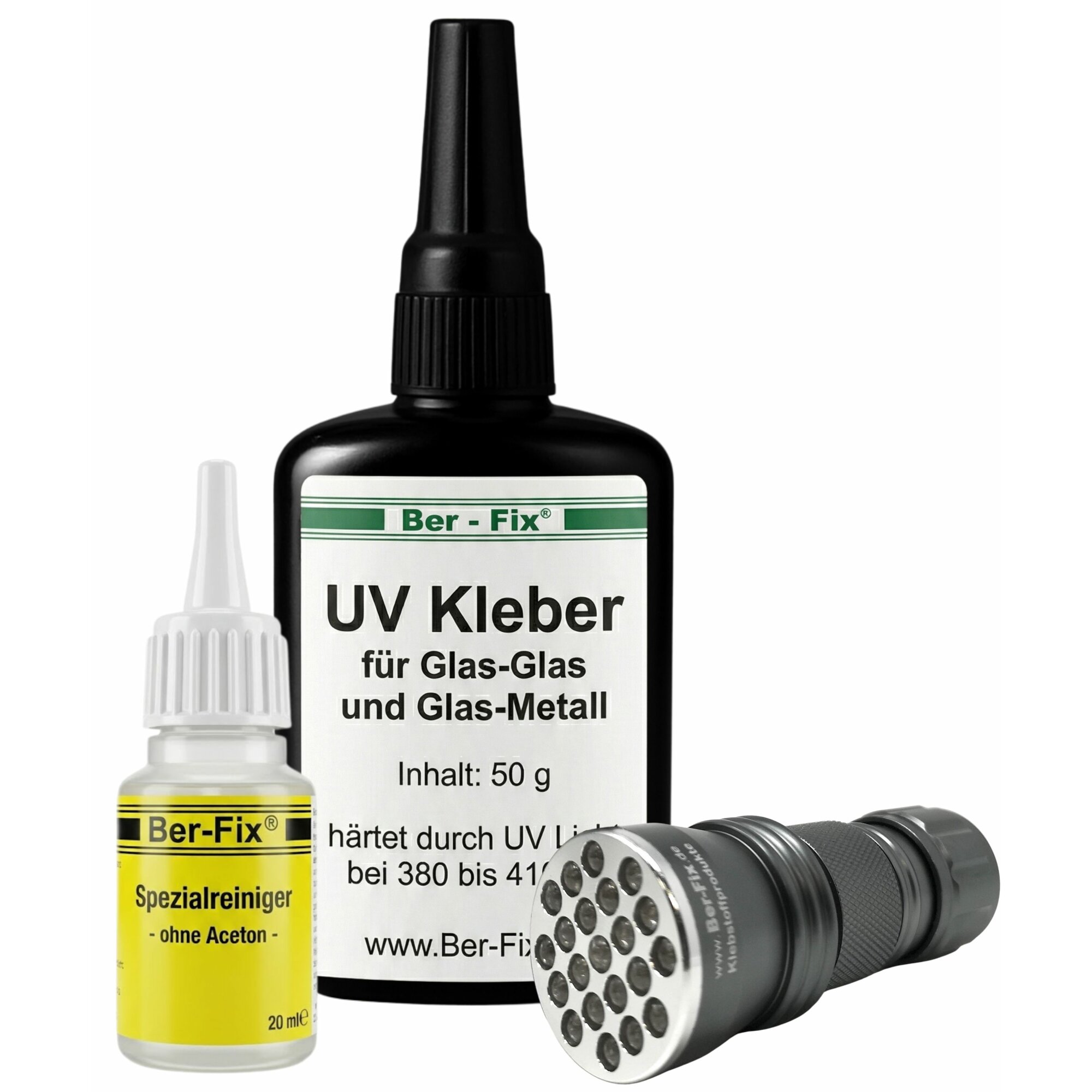 Ber-Fix® UV Kleber mit Lampe Set DER GLASKLEBER 50g Mittelviskos 500mPas spaltfüllend bis 0,30 mm mit UV Taschenlampe 21 Led mit Spezialreiniger