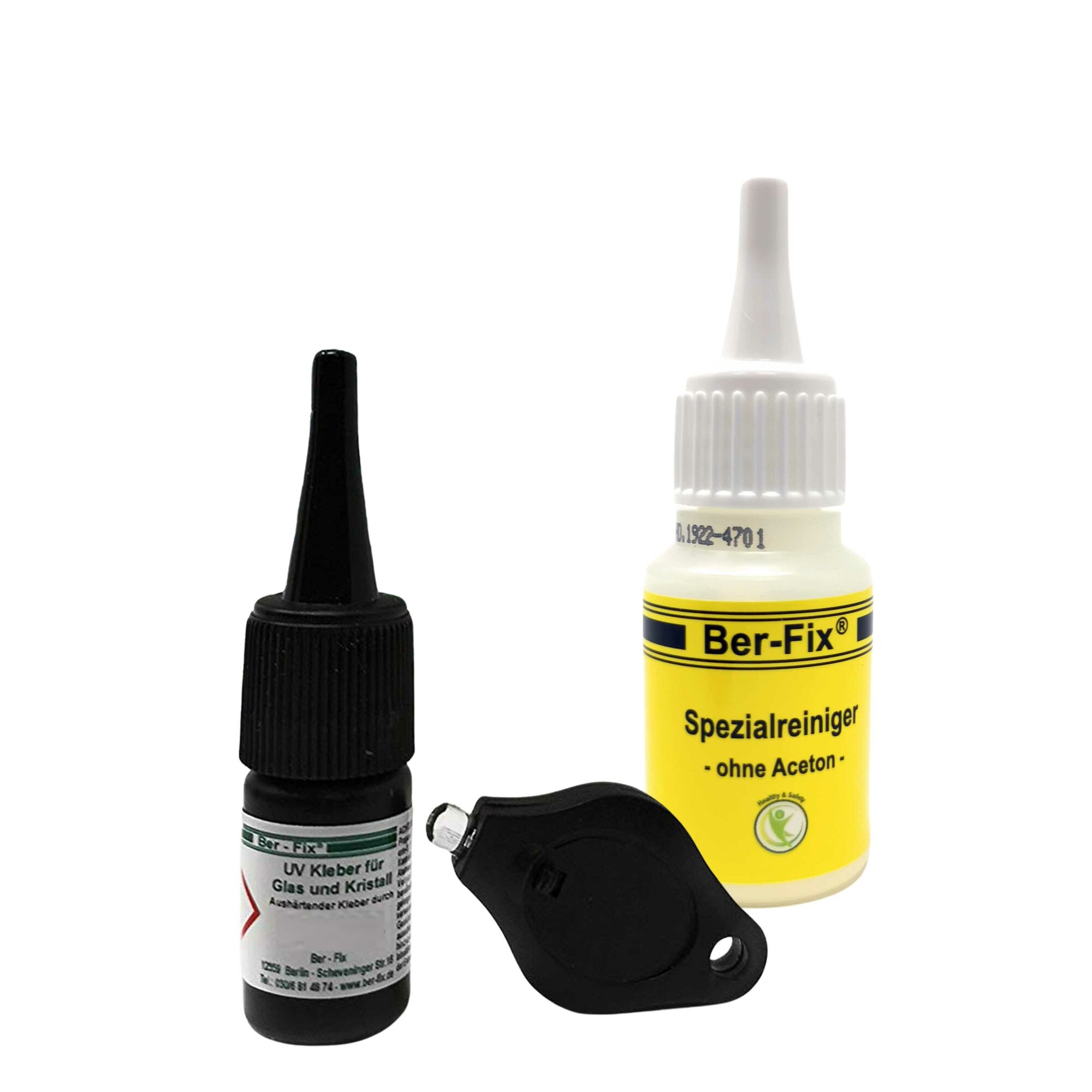 Ber-Fix® UV Kleber mit Lampe Set DER GLASKLEBER 3g Gel 2500mPas spaltfüllend bis 0,50 mm mit UV Taschenlampe 1 Led mit Spezialreiniger