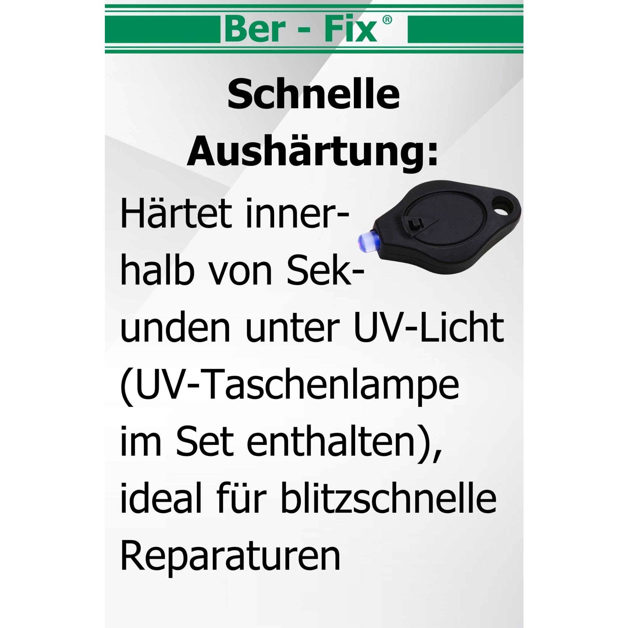 Ber-Fix® UV Kleber mit Lampe Set DER GLASKLEBER 3g Gel 2500mPas spaltfüllend bis 0,50 mm mit UV Taschenlampe 1 Led mit Spezialreiniger